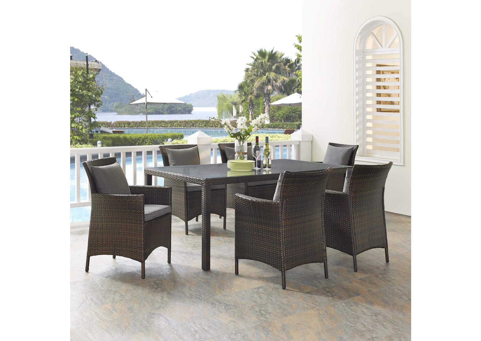 Brown Charcoal Conduit 7 Piece Outdoor Patio Wicker Rattan Dining Set,Modway