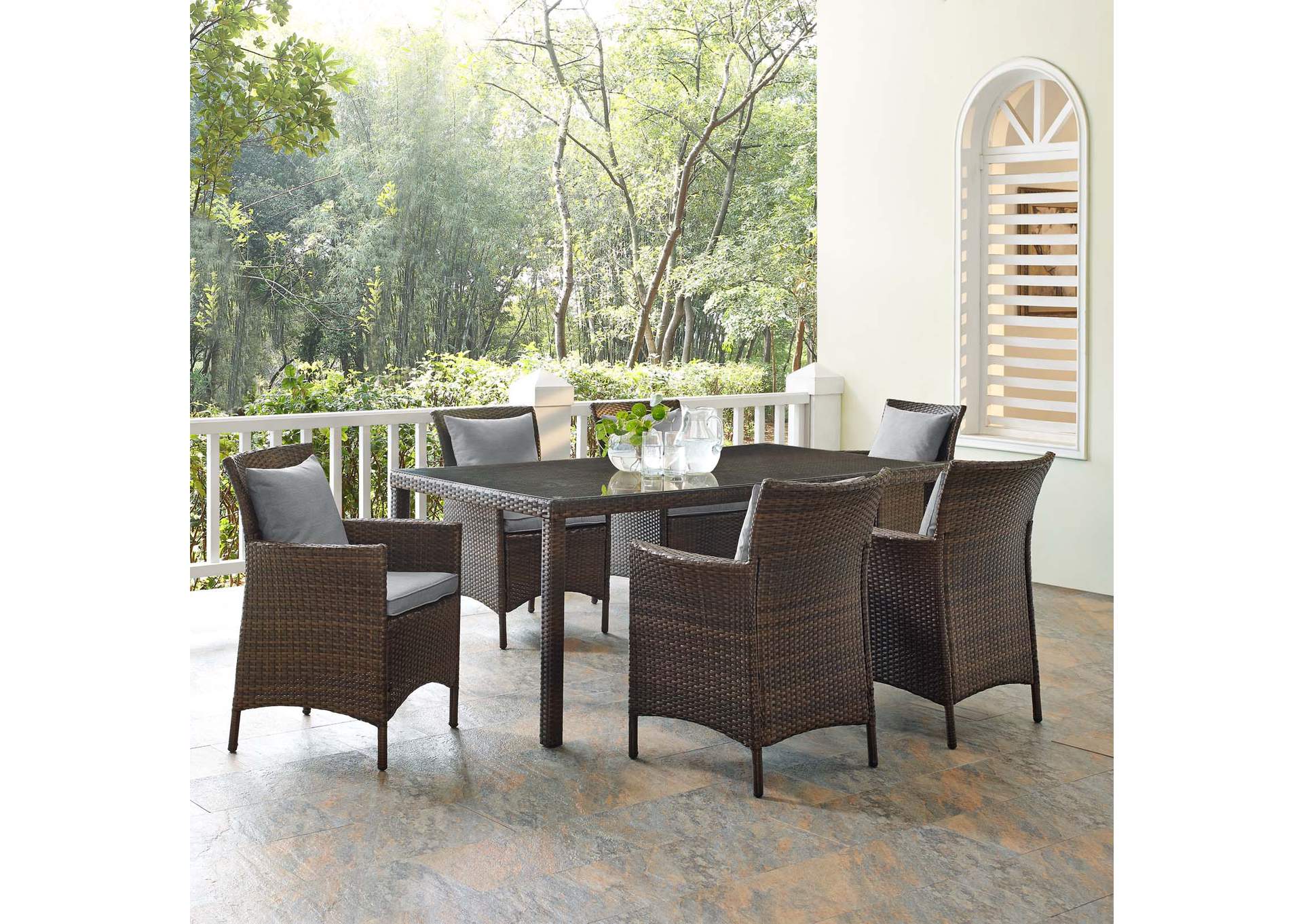 Brown Gray Conduit 7 Piece Outdoor Patio Wicker Rattan Dining Set,Modway