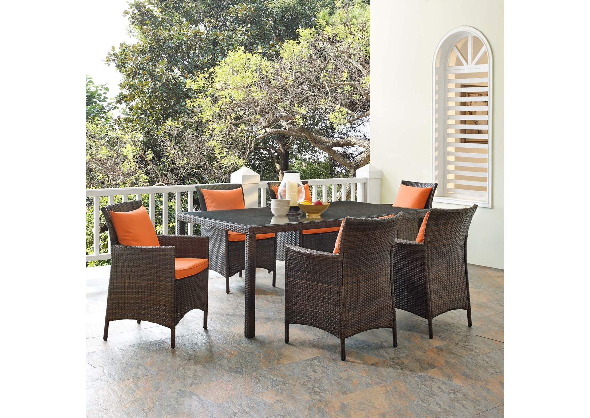 Brown Orange Conduit 7 Piece Outdoor Patio Wicker Rattan Dining Set,Modway