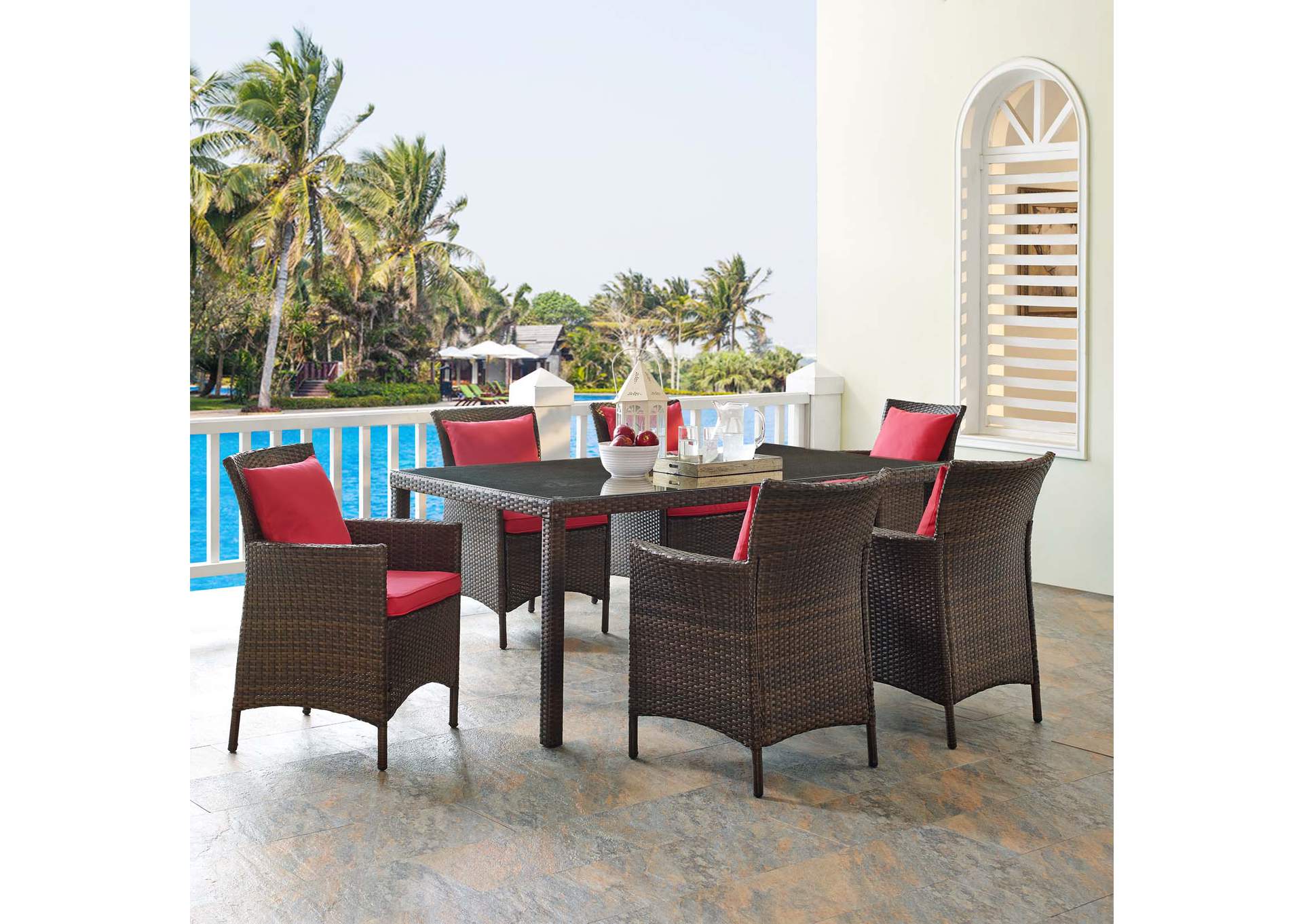 Brown Red Conduit 7 Piece Outdoor Patio Wicker Rattan Dining Set,Modway