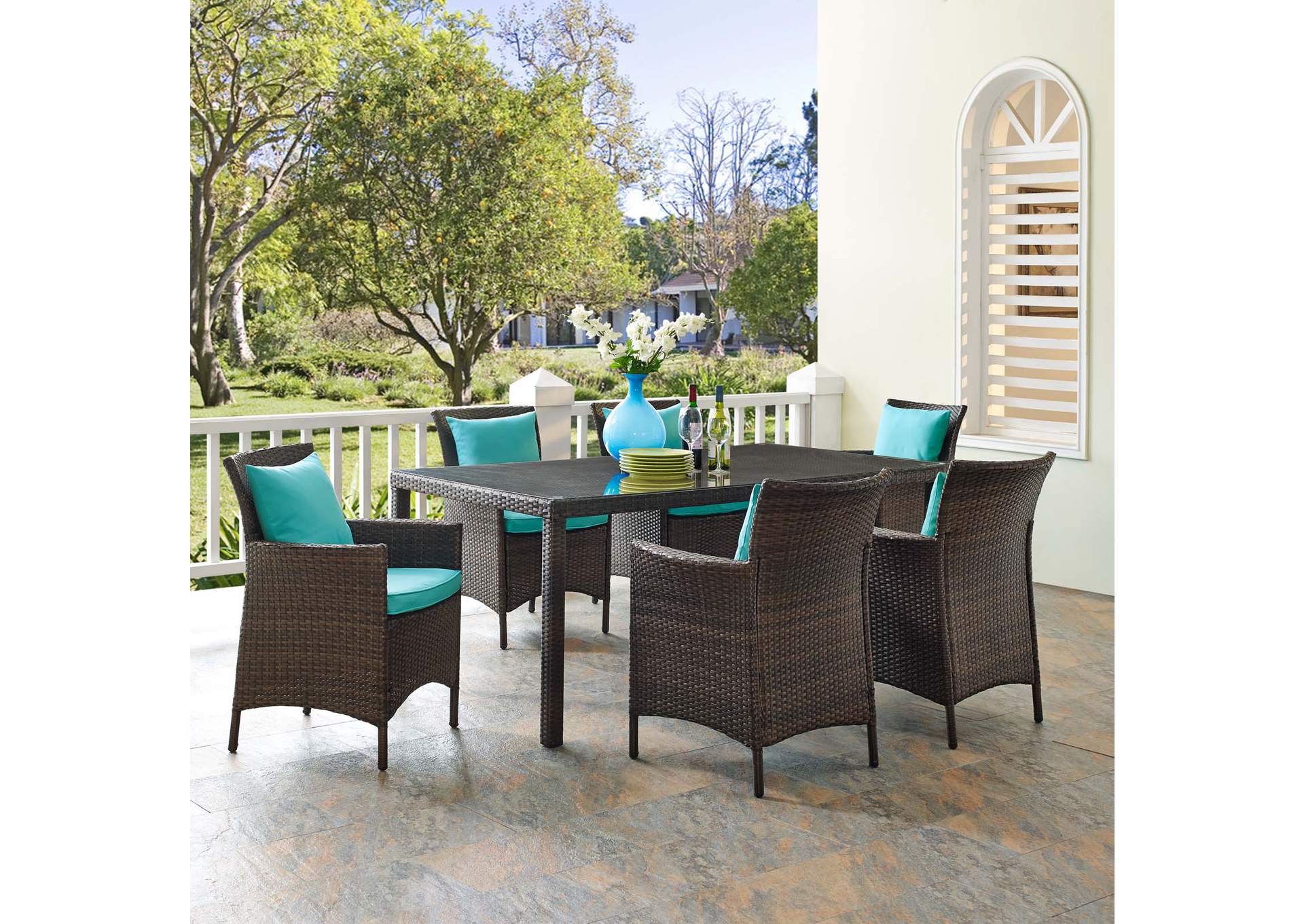 Brown Turquoise Conduit 7 Piece Outdoor Patio Wicker Rattan Dining Set,Modway