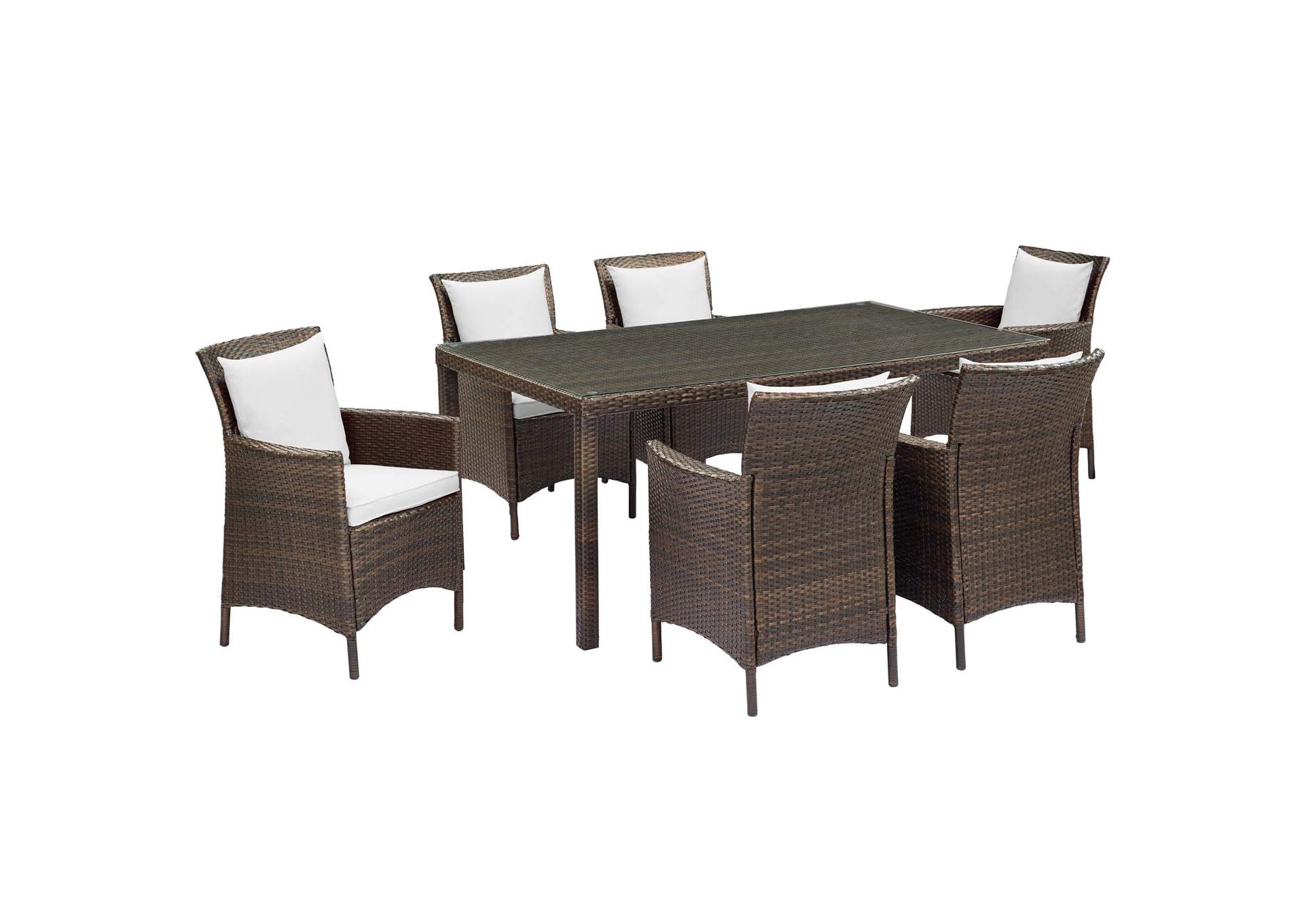Brown White Conduit 7 Piece Outdoor Patio Wicker Rattan Dining Set,Modway