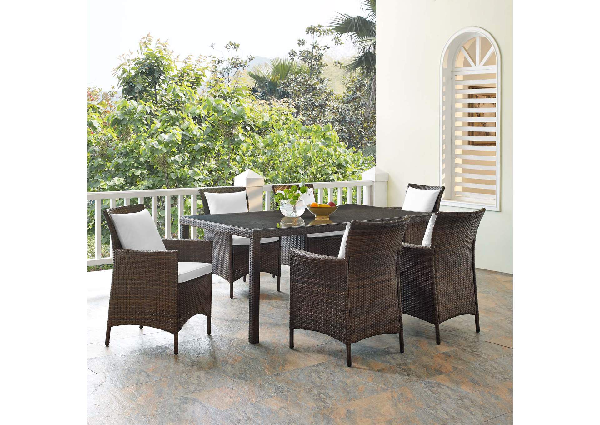 Brown White Conduit 7 Piece Outdoor Patio Wicker Rattan Dining Set,Modway
