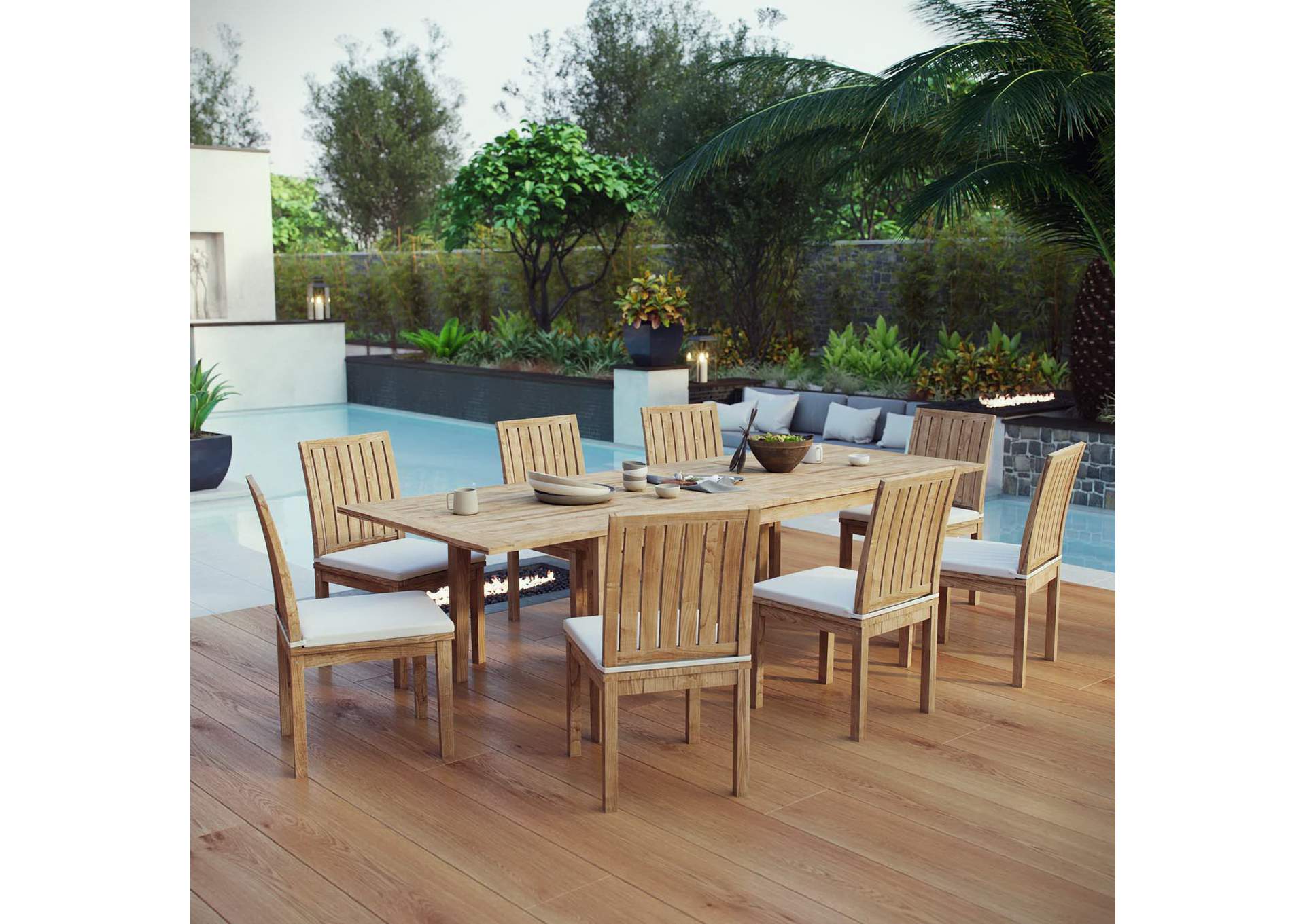 Natural White Marina 9 Piece Outdoor Patio Teak Dining Set,Modway