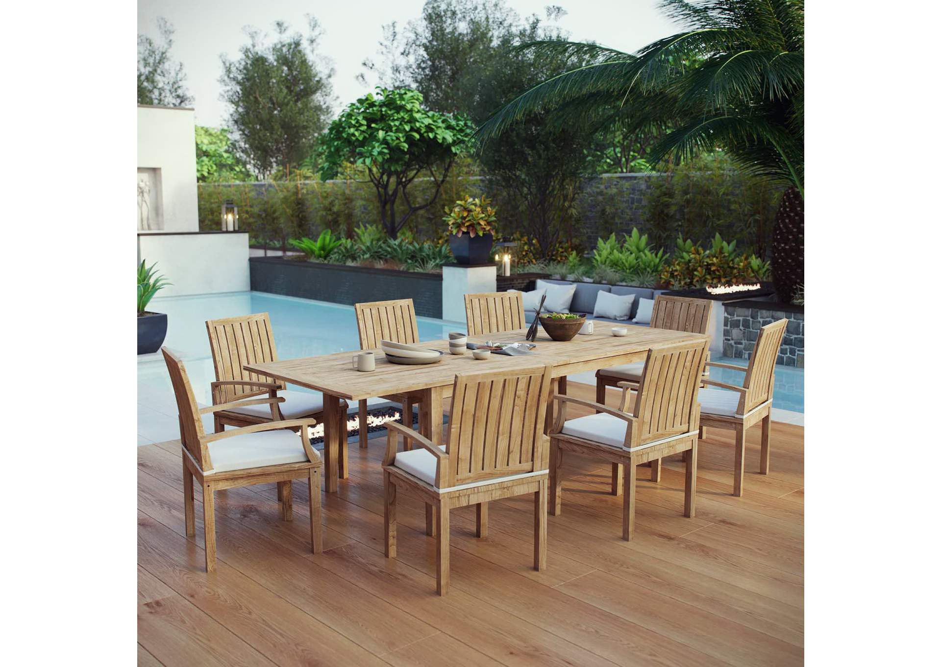 Natural White Marina 9 Piece Outdoor Patio Teak Dining Set,Modway