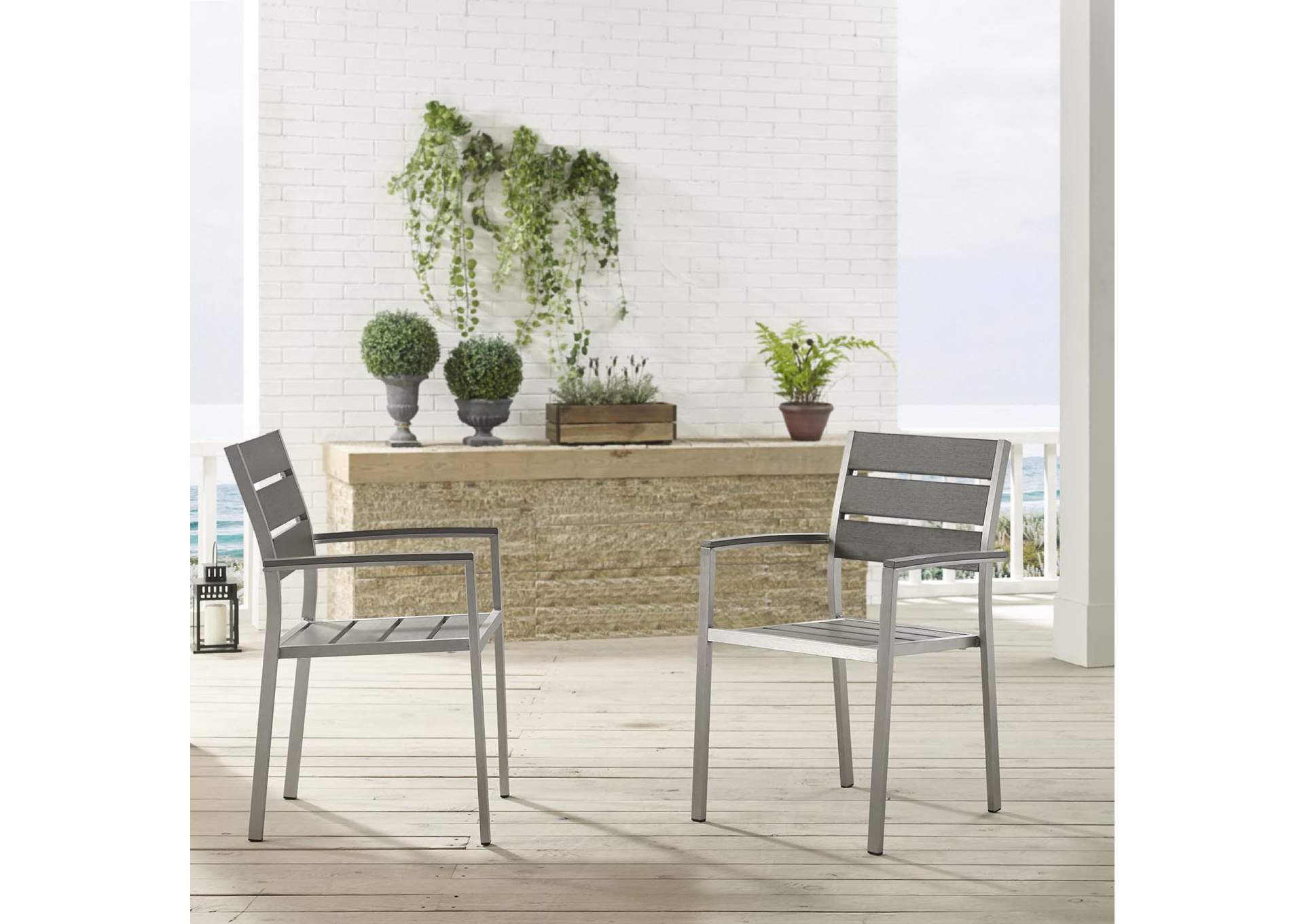Silver Gray Shore Outdoor Patio Aluminum Arm Dining Chair [Set of 2],Modway