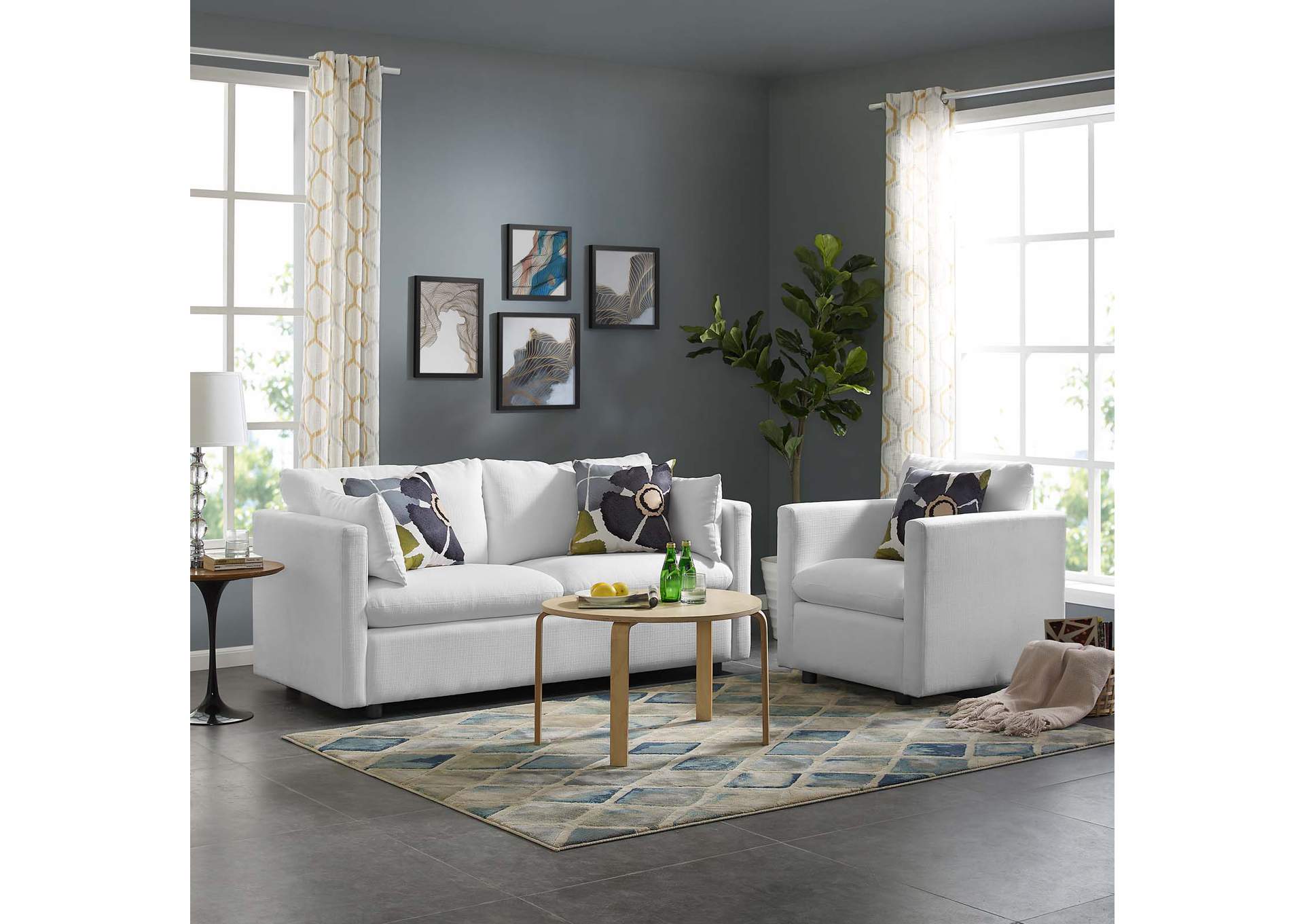 White Activate Upholstered Fabric Sofa and Armchair Set,Modway