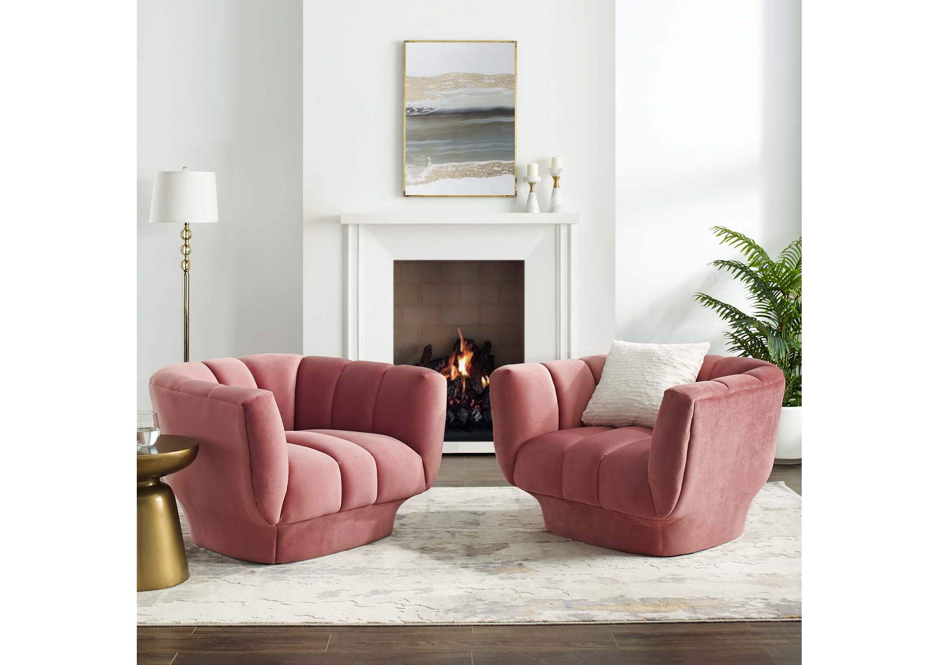 Dusty Rose Entertain Vertical Channel Tufted Performance Velvet Arm Chair [Set of 2],Modway