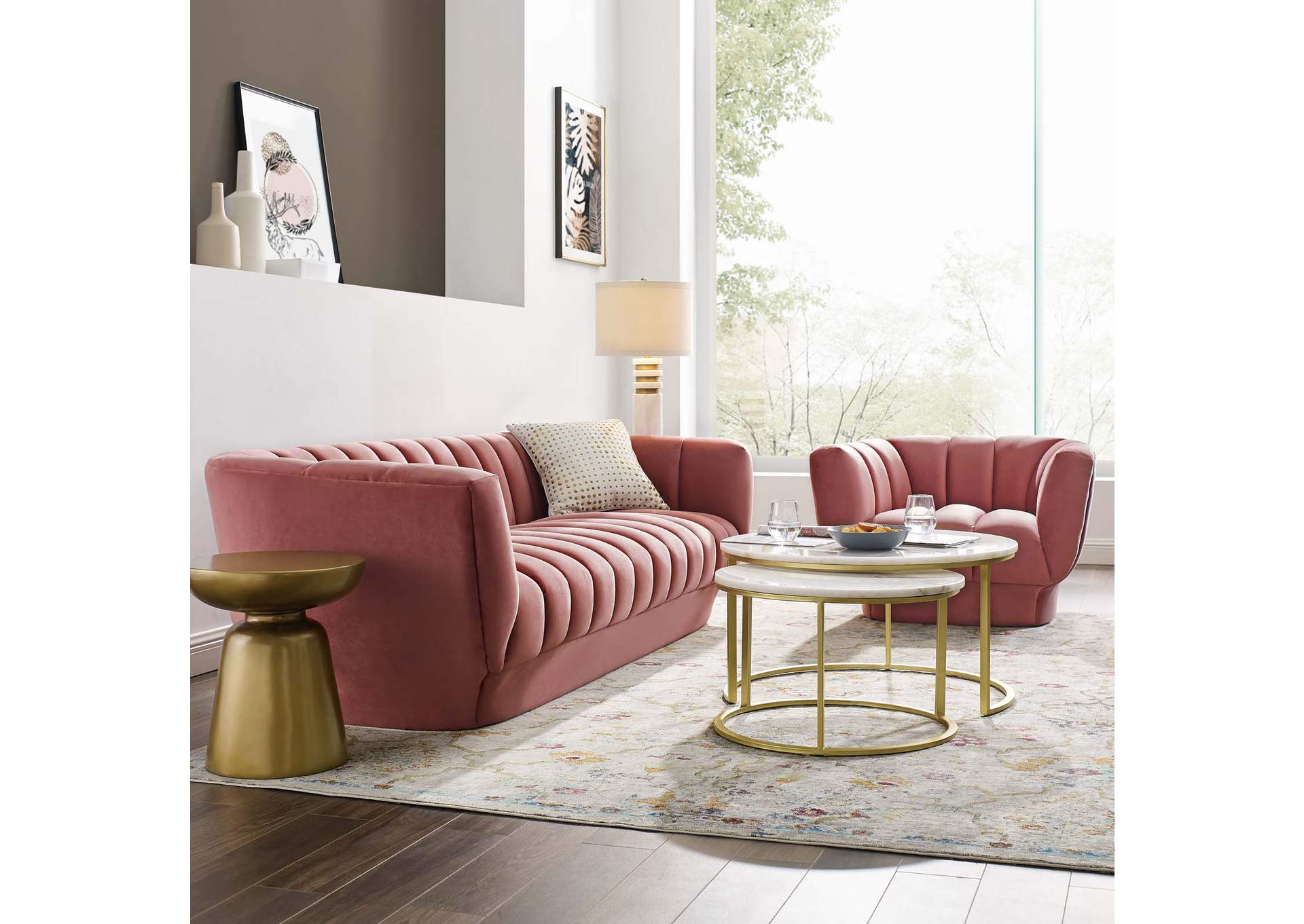 Dusty Rose Entertain Vertical Channel Tufted Performance Velvet Sofa and Armchair Set,Modway