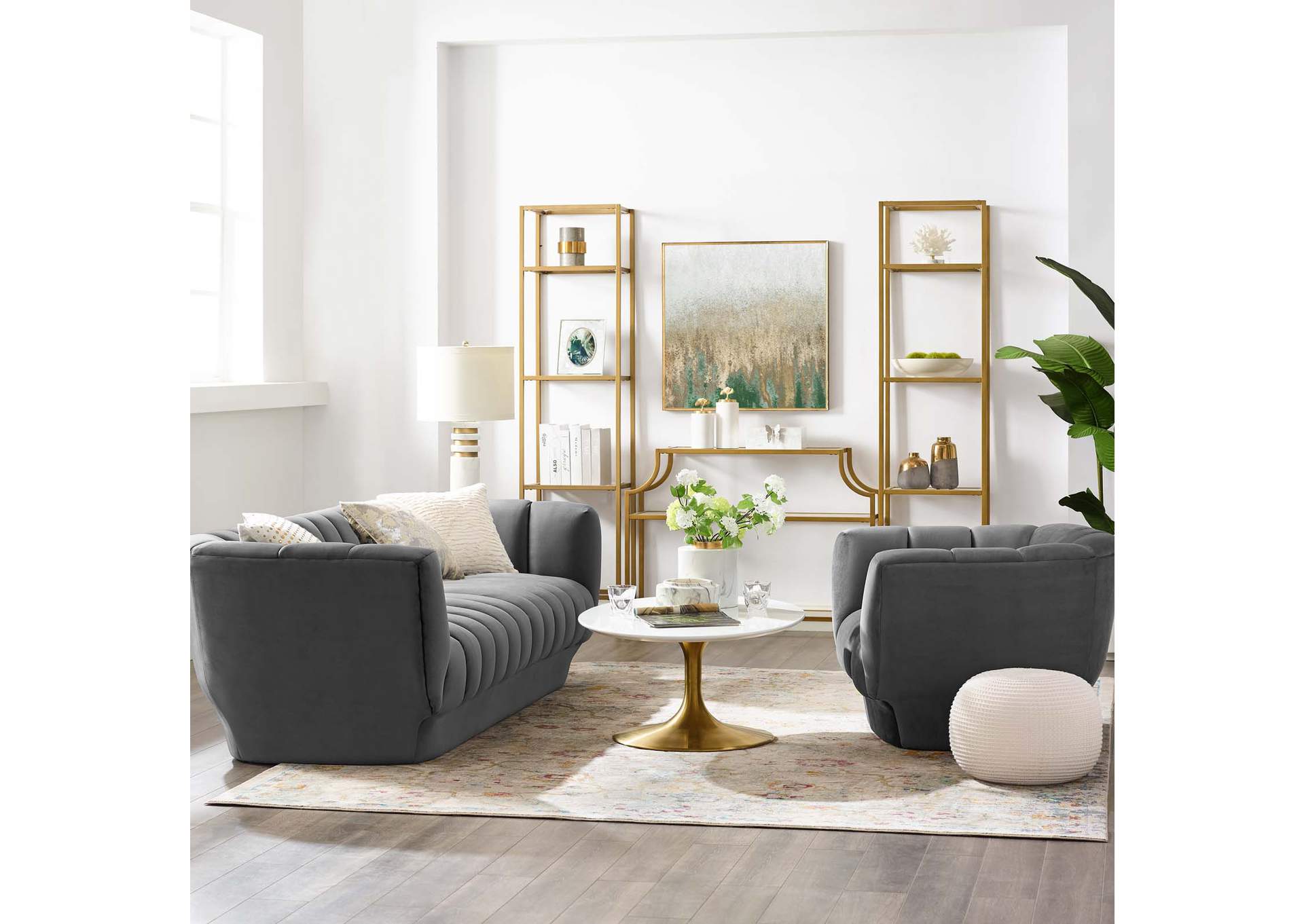 Gray Entertain Vertical Channel Tufted Performance Velvet Sofa and Armchair Set,Modway