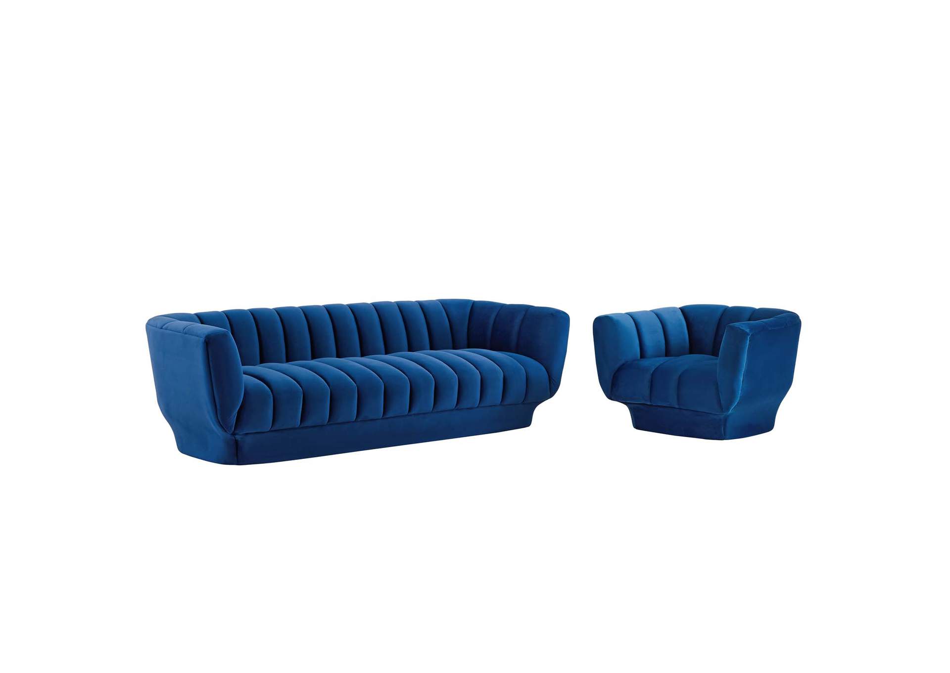Navy Entertain Vertical Channel Tufted Performance Velvet Sofa and Armchair Set,Modway