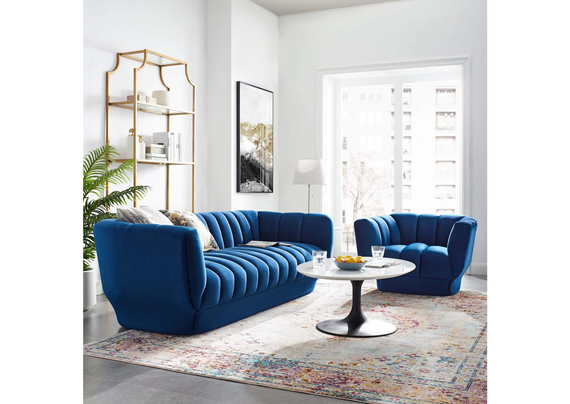 Navy Entertain Vertical Channel Tufted Performance Velvet Sofa and Armchair Set,Modway