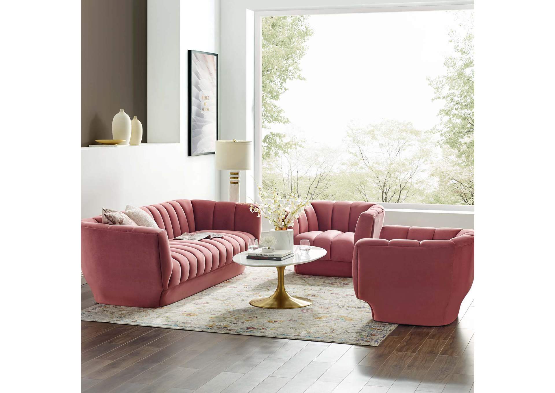 Dusty Rose Entertain Vertical Channel Tufted Performance Velvet 3 Piece Set,Modway