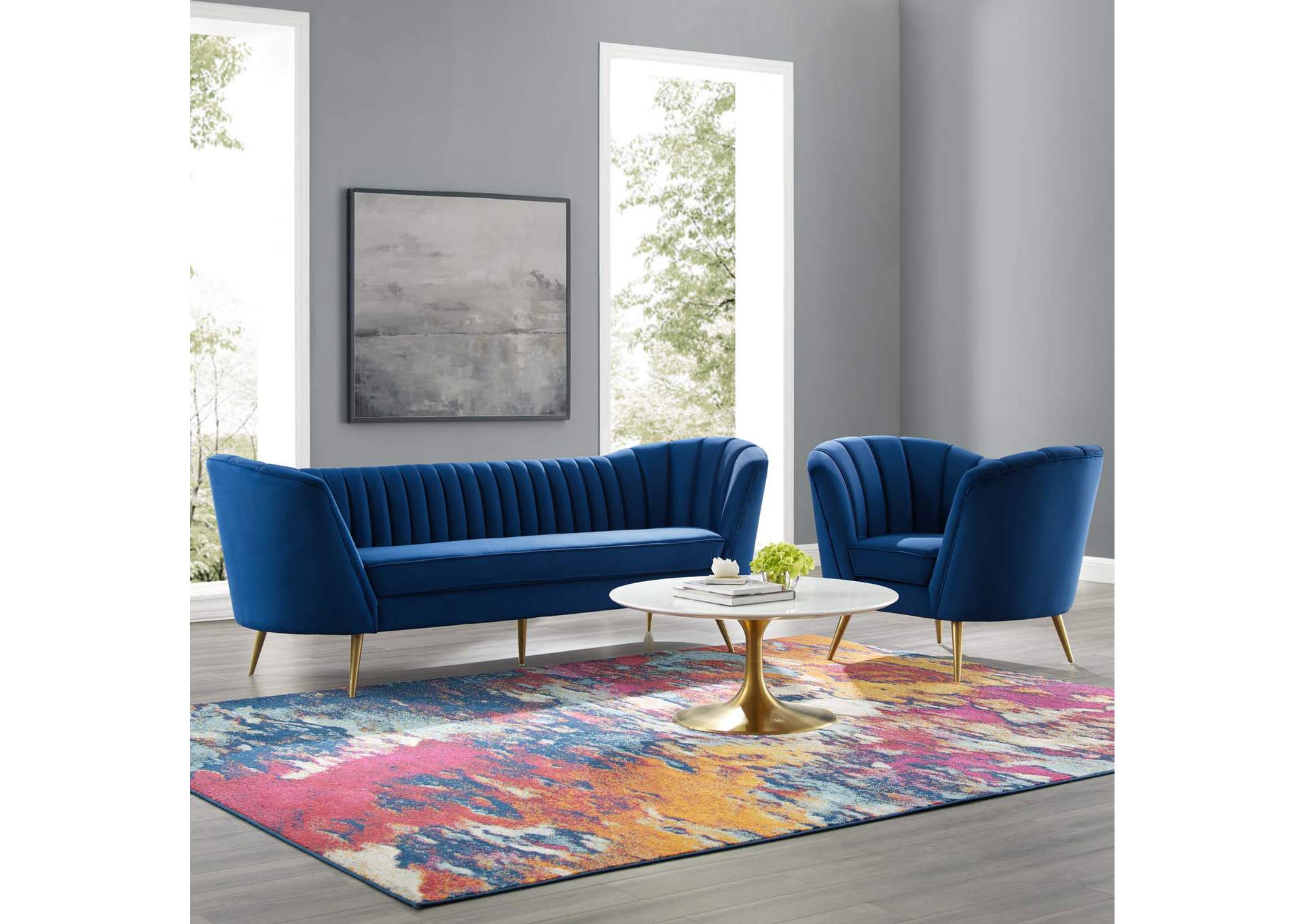 Navy Opportunity Performance Velvet Sofa and Armchair Set,Modway