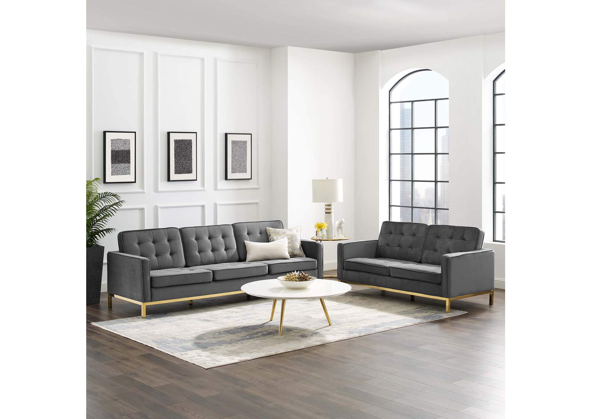 Gold Gray Loft Gold Stainless Steel Leg Performance Velvet Sofa and Loveseat Set,Modway