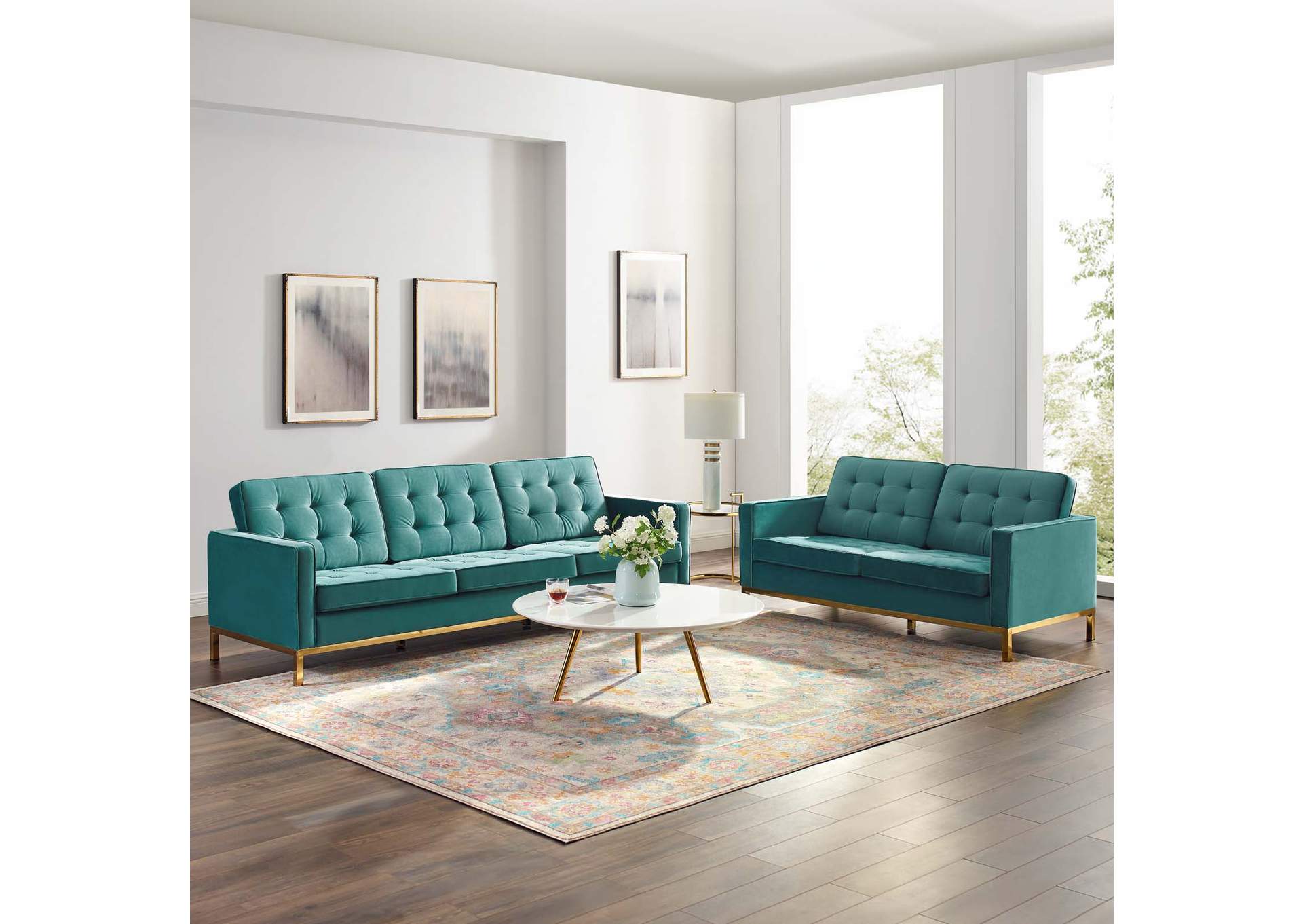 Gold Teal Loft Gold Stainless Steel Leg Performance Velvet Sofa and Loveseat Set,Modway