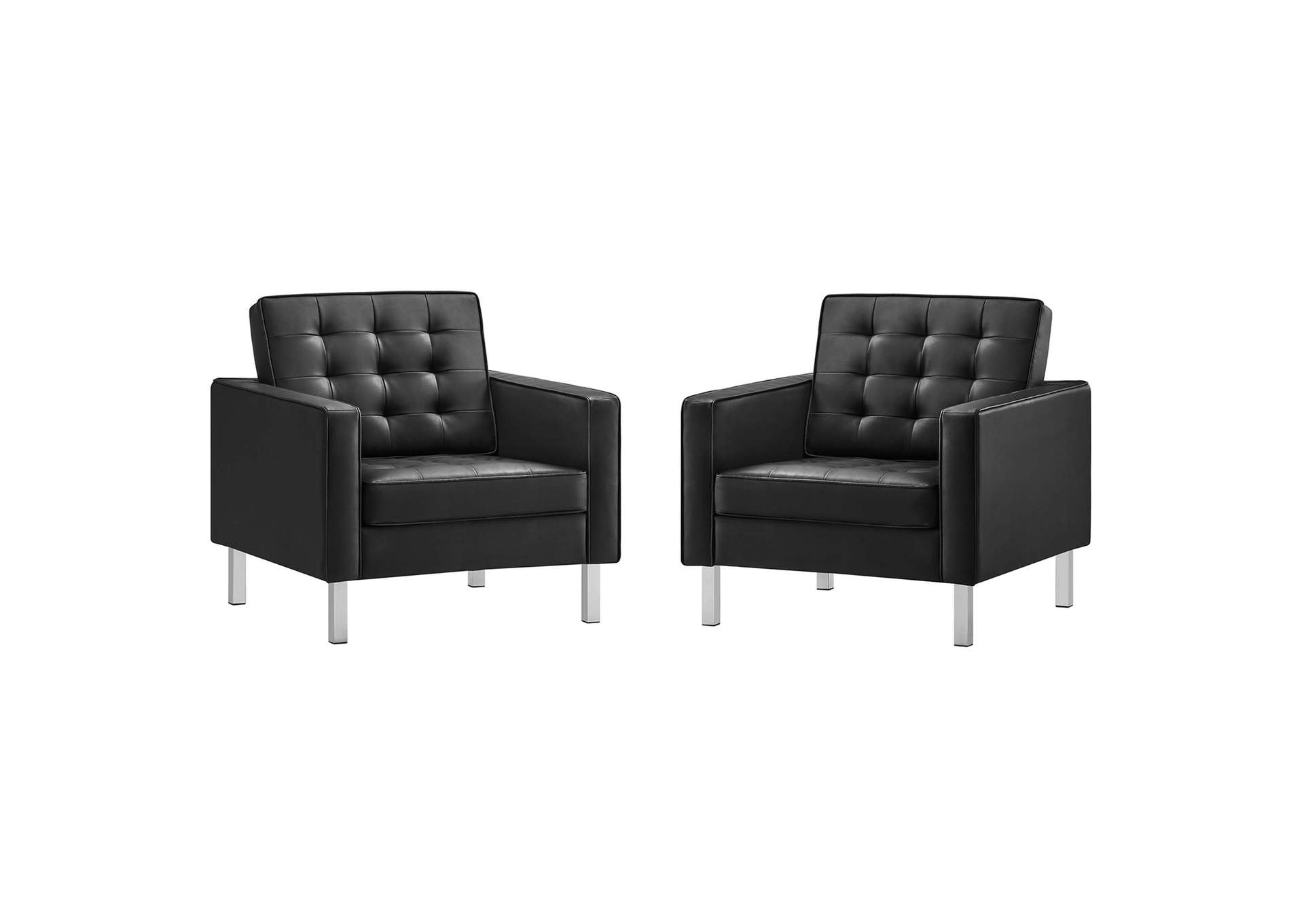 Silver Black Loft Tufted Upholstered Faux Leather Arm Chair [Set of 2],Modway