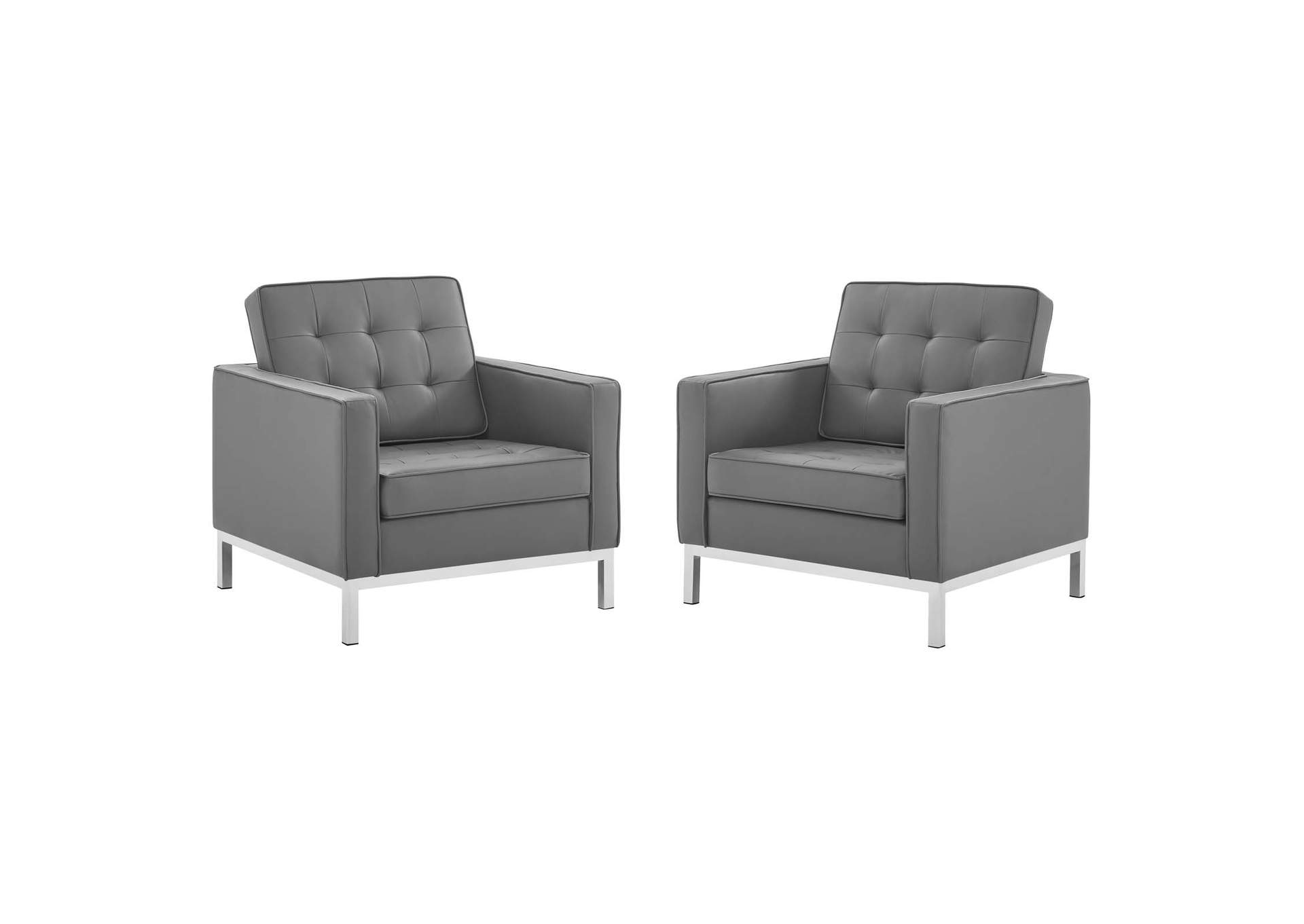 Silver Gray Loft Tufted Upholstered Faux Leather Arm Chair [Set of 2],Modway