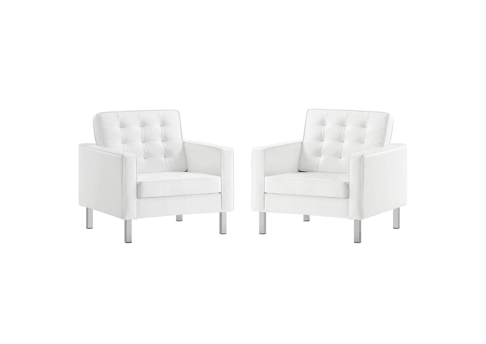 Silver White Loft Tufted Upholstered Faux Leather Arm Chair [Set of 2],Modway