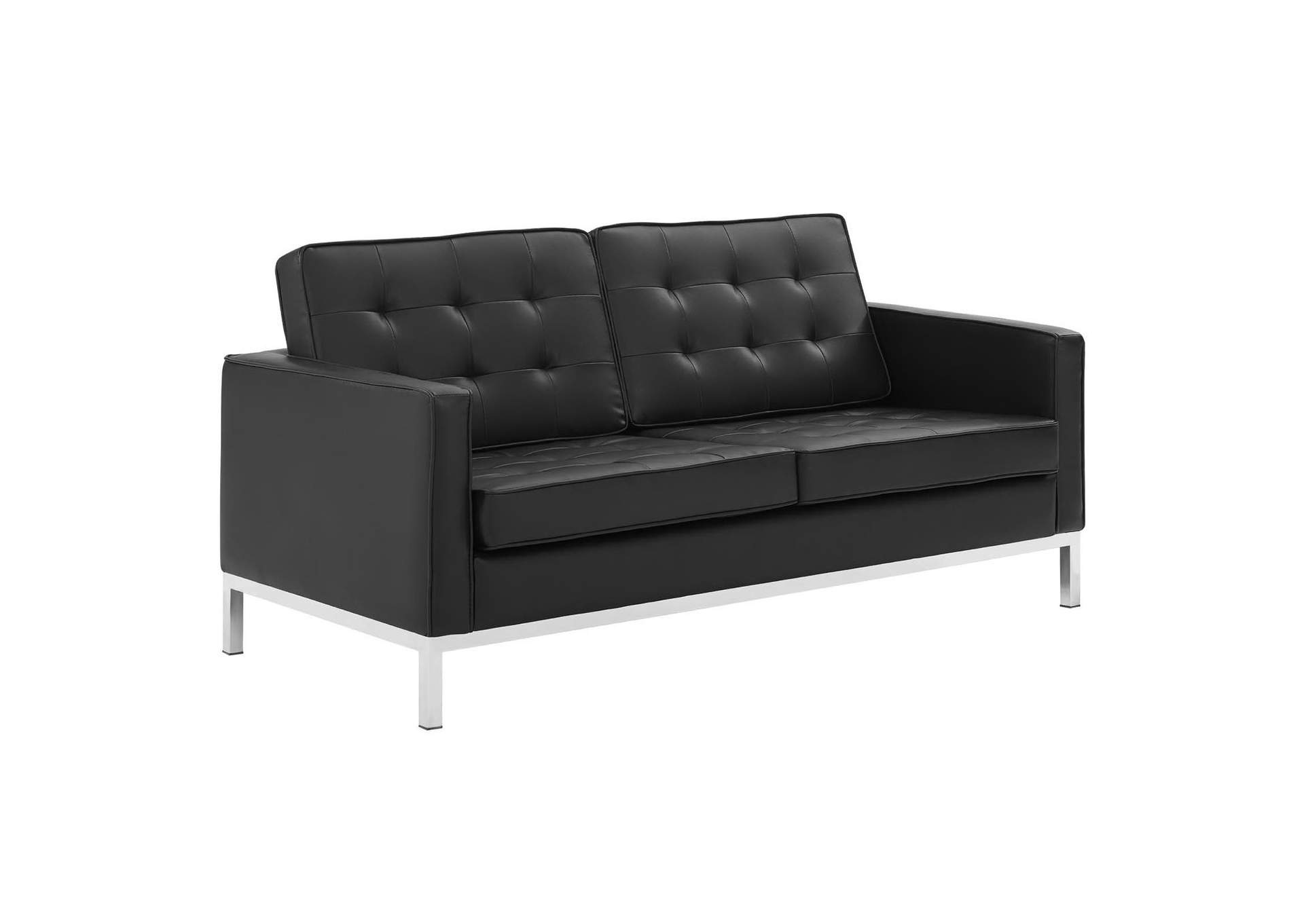 Silver Black Loft Tufted Upholstered Faux Leather Loveseat and Armchair Set,Modway
