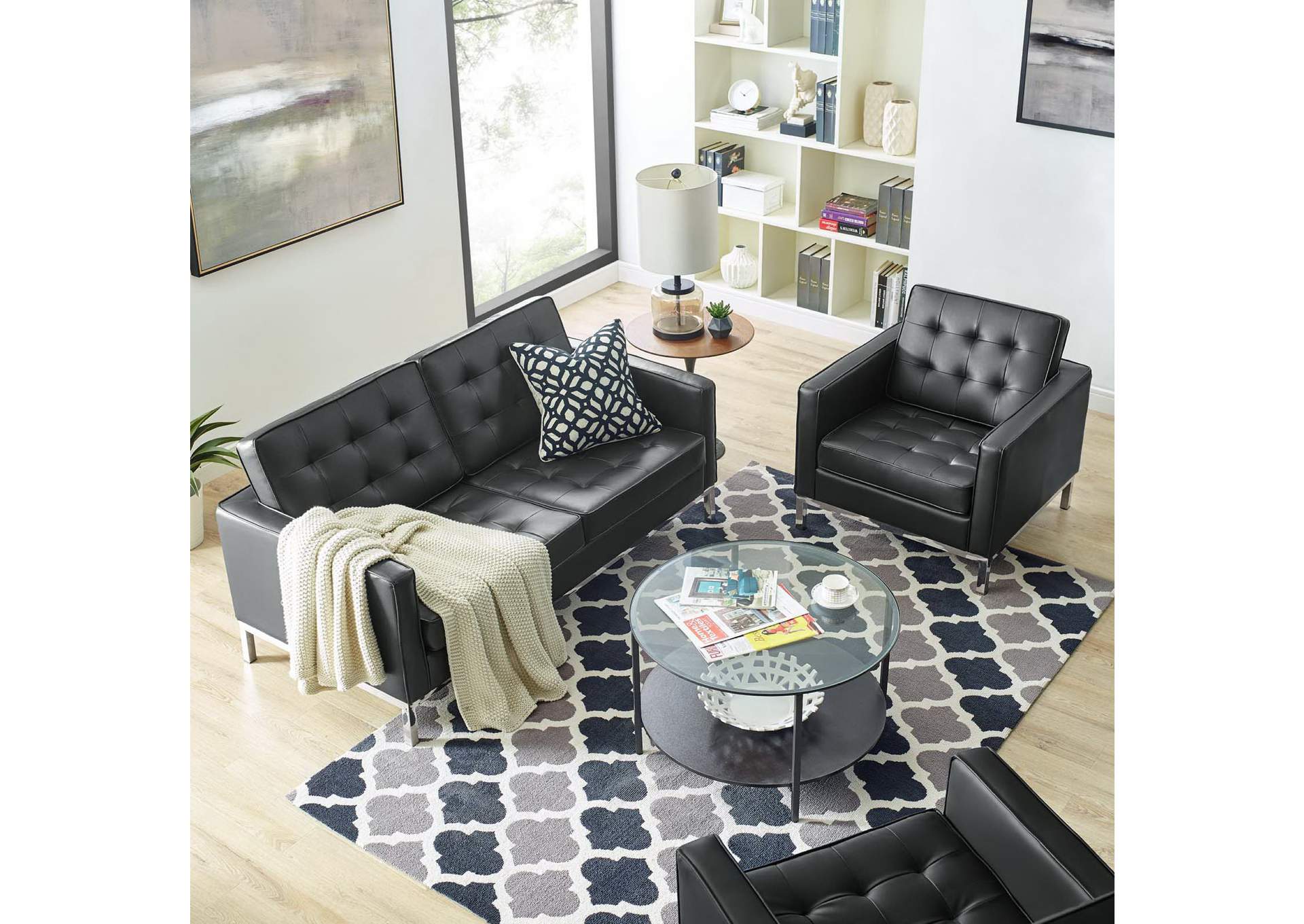 Silver Black Loft Tufted Upholstered Faux Leather Loveseat and Armchair Set,Modway