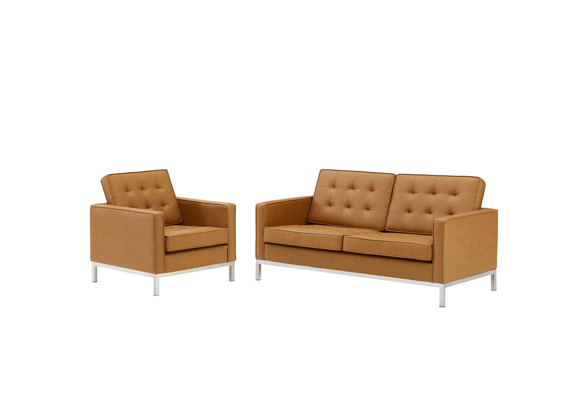 Silver Tan Loft Tufted Upholstered Faux Leather Loveseat and Armchair Set,Modway