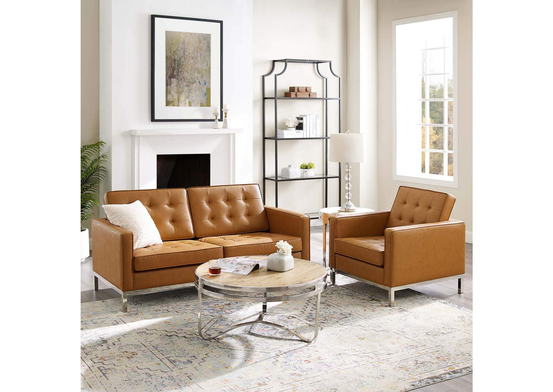 Silver Tan Loft Tufted Upholstered Faux Leather Loveseat and Armchair Set,Modway