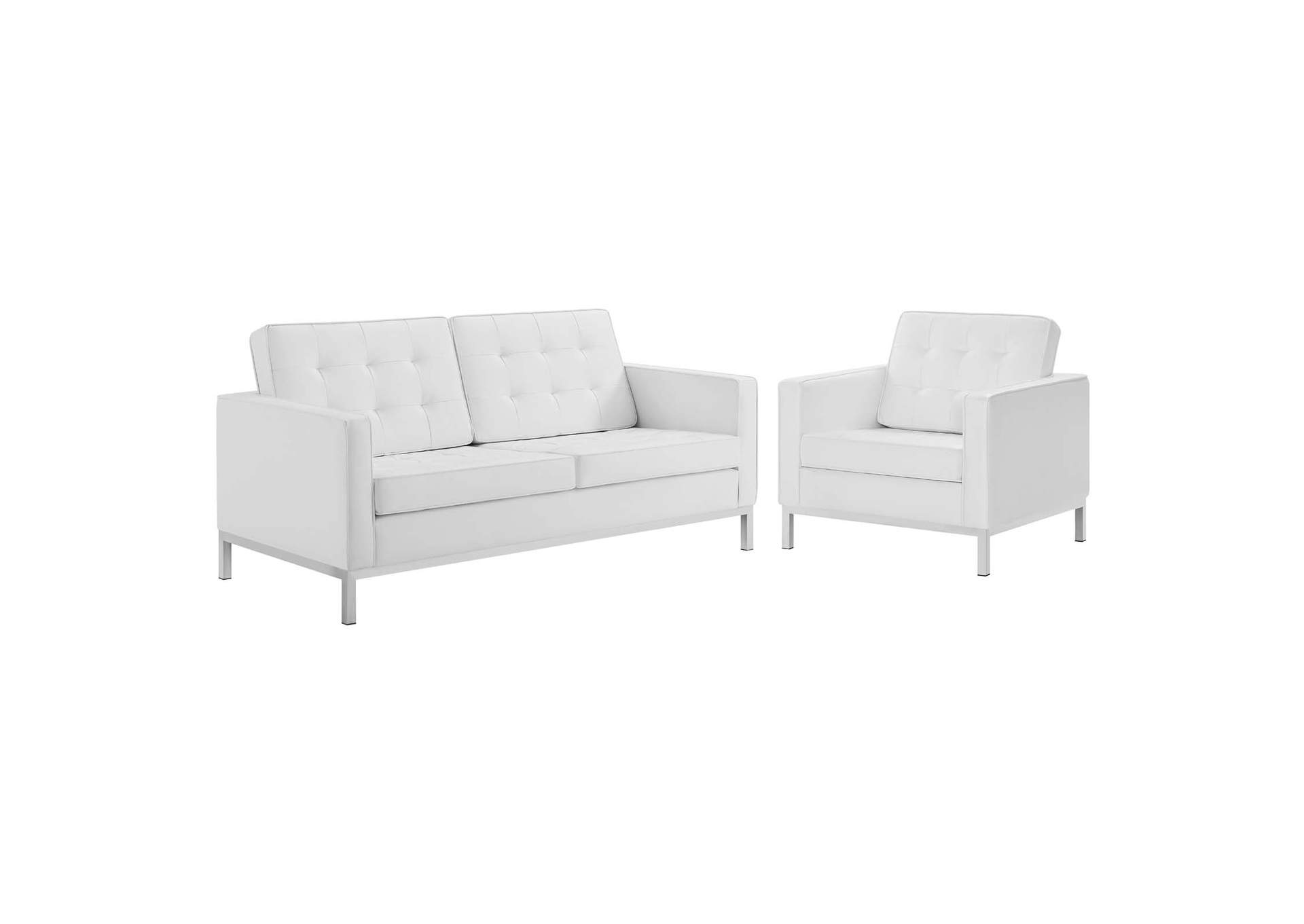 Silver White Loft Tufted Upholstered Faux Leather Loveseat and Armchair Set,Modway
