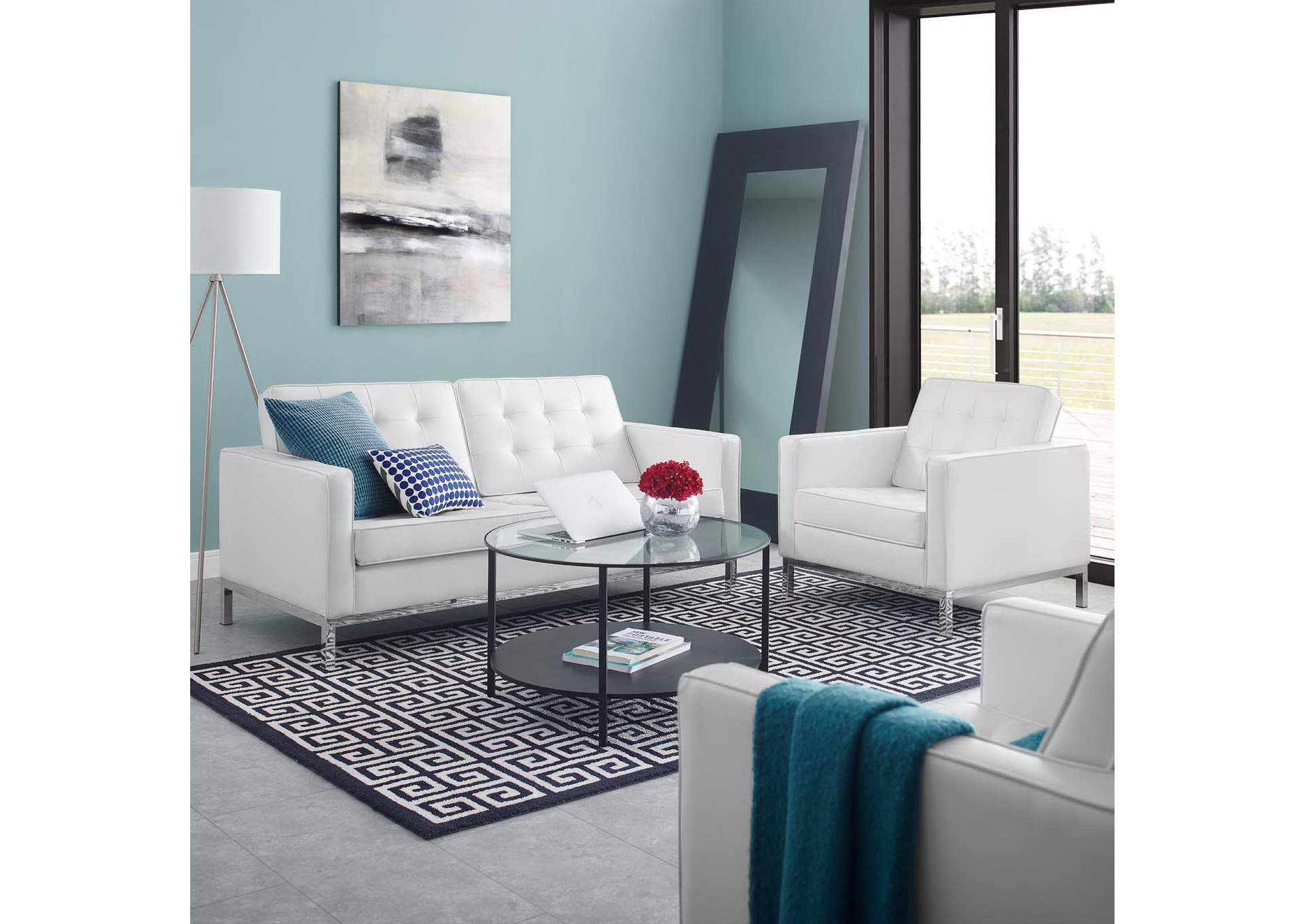 Silver White Loft Tufted Upholstered Faux Leather Loveseat and Armchair Set,Modway