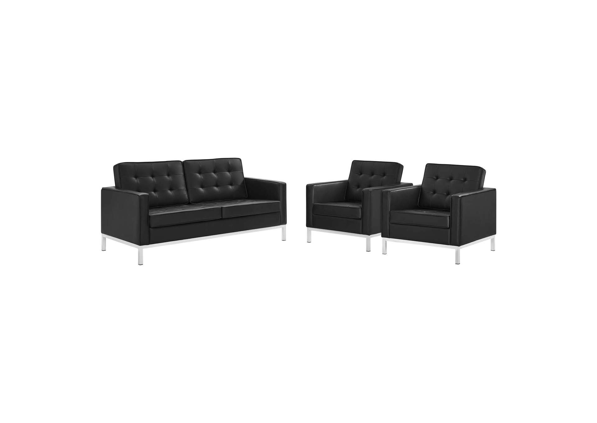 Silver Black Loft 3 Piece Tufted Upholstered Faux Leather Set,Modway