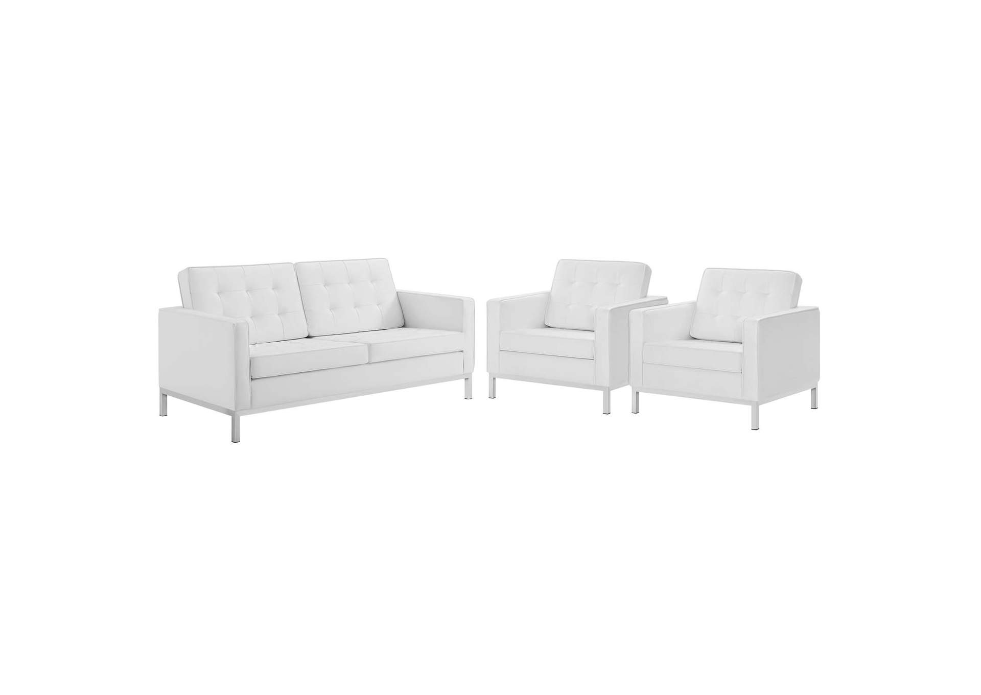 Silver White Loft 3 Piece Tufted Upholstered Faux Leather Set,Modway