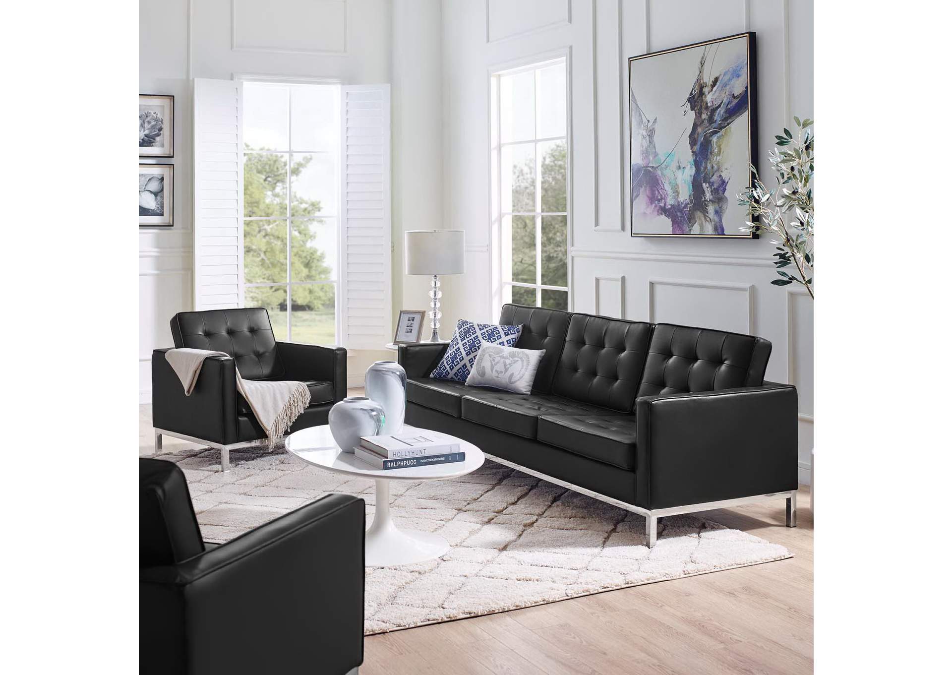 Silver Black Loft Tufted Upholstered Faux Leather Sofa and Armchair Set,Modway