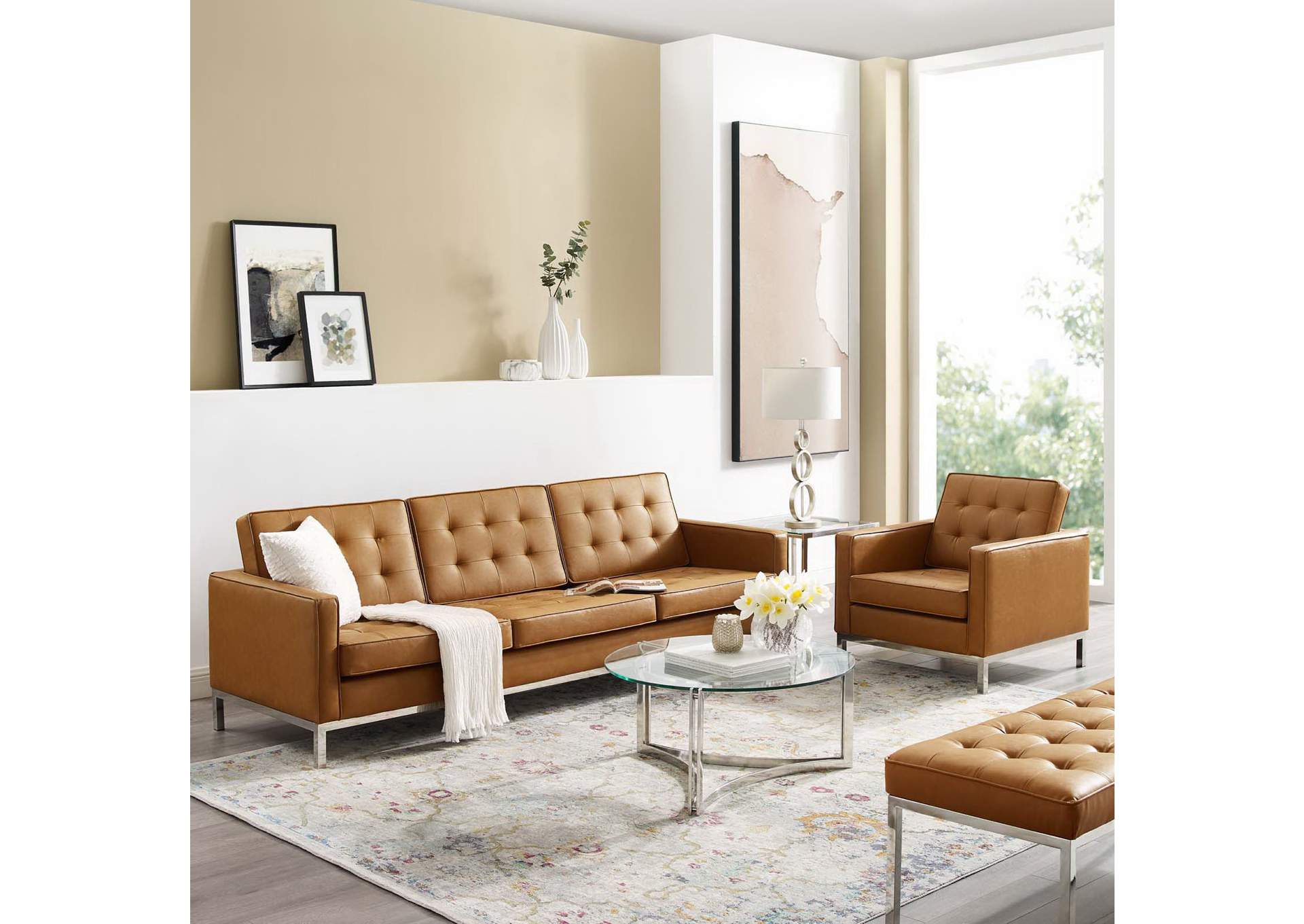 Silver Tan Loft Tufted Upholstered Faux Leather Sofa and Armchair Set,Modway