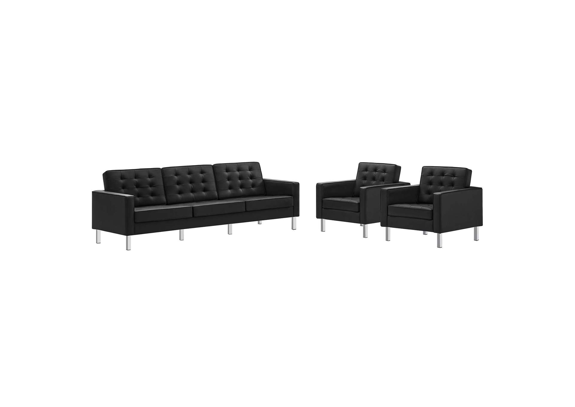 Silver Black Loft 3 Piece Tufted Upholstered Faux Leather Set,Modway