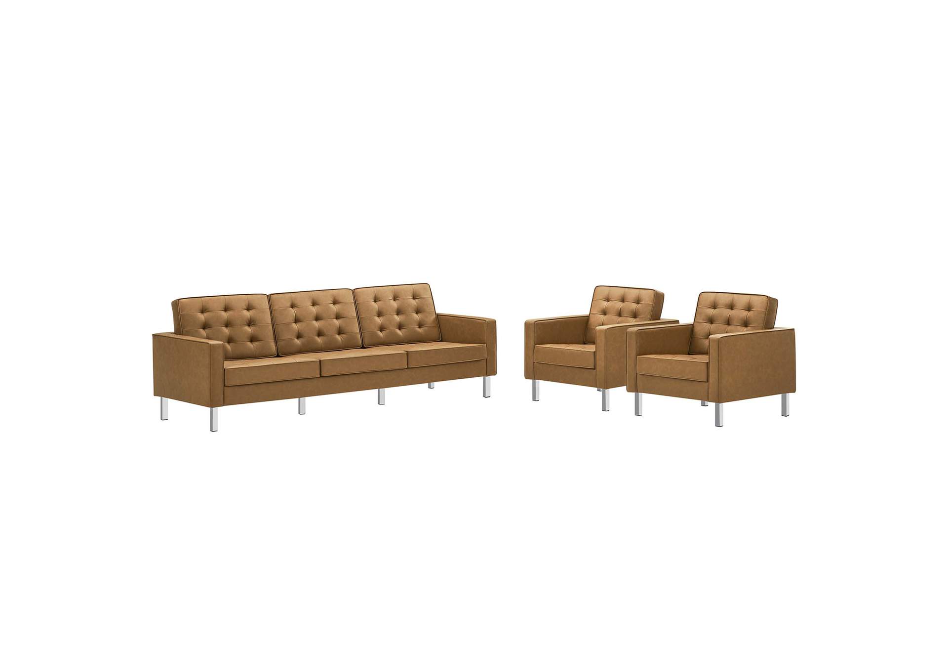 Silver Tan Loft 3 Piece Tufted Upholstered Faux Leather Set,Modway