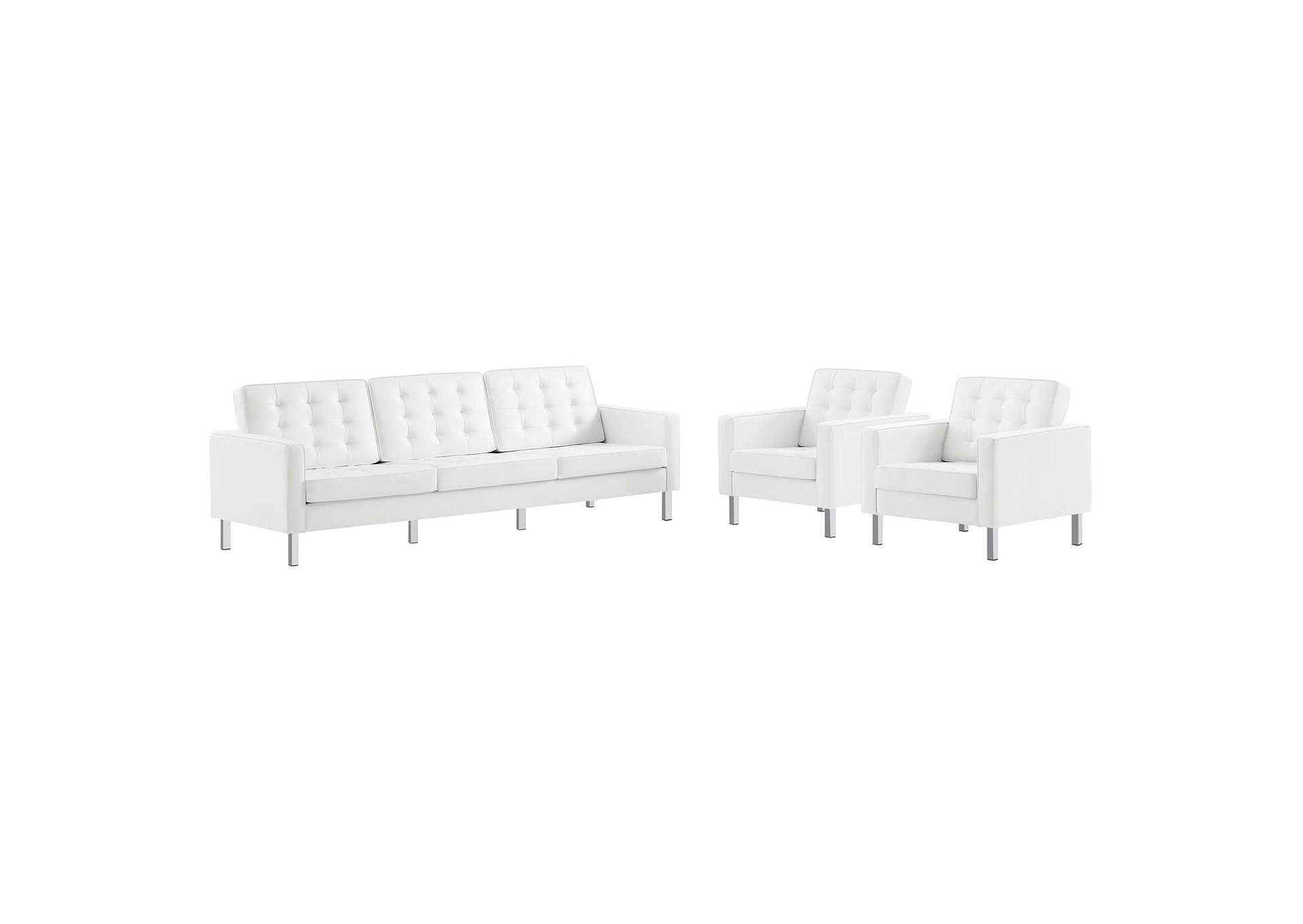 Silver White Loft 3 Piece Tufted Upholstered Faux Leather Set,Modway