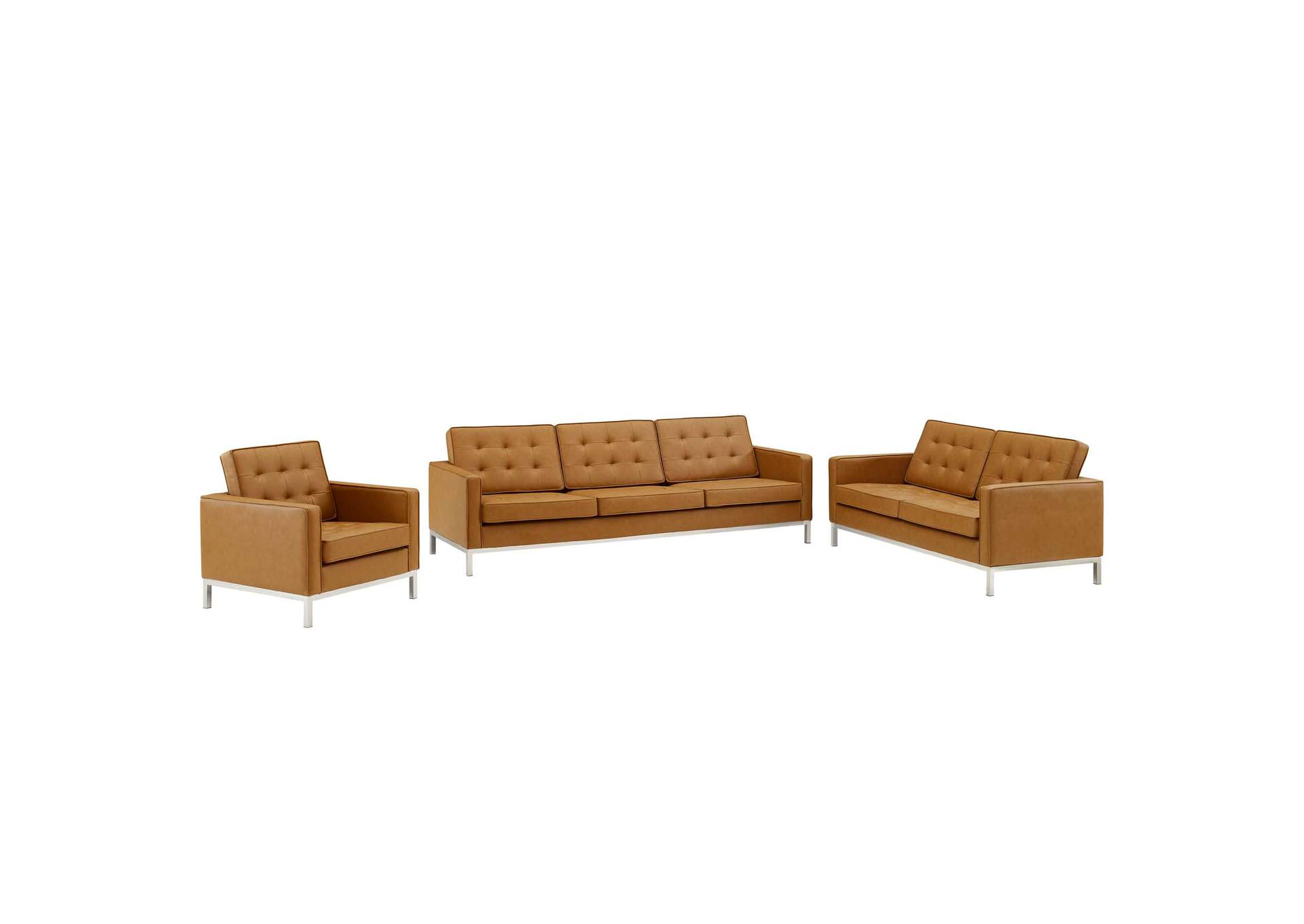 Silver Tan Loft Tufted Upholstered Faux Leather 3 Piece Set,Modway