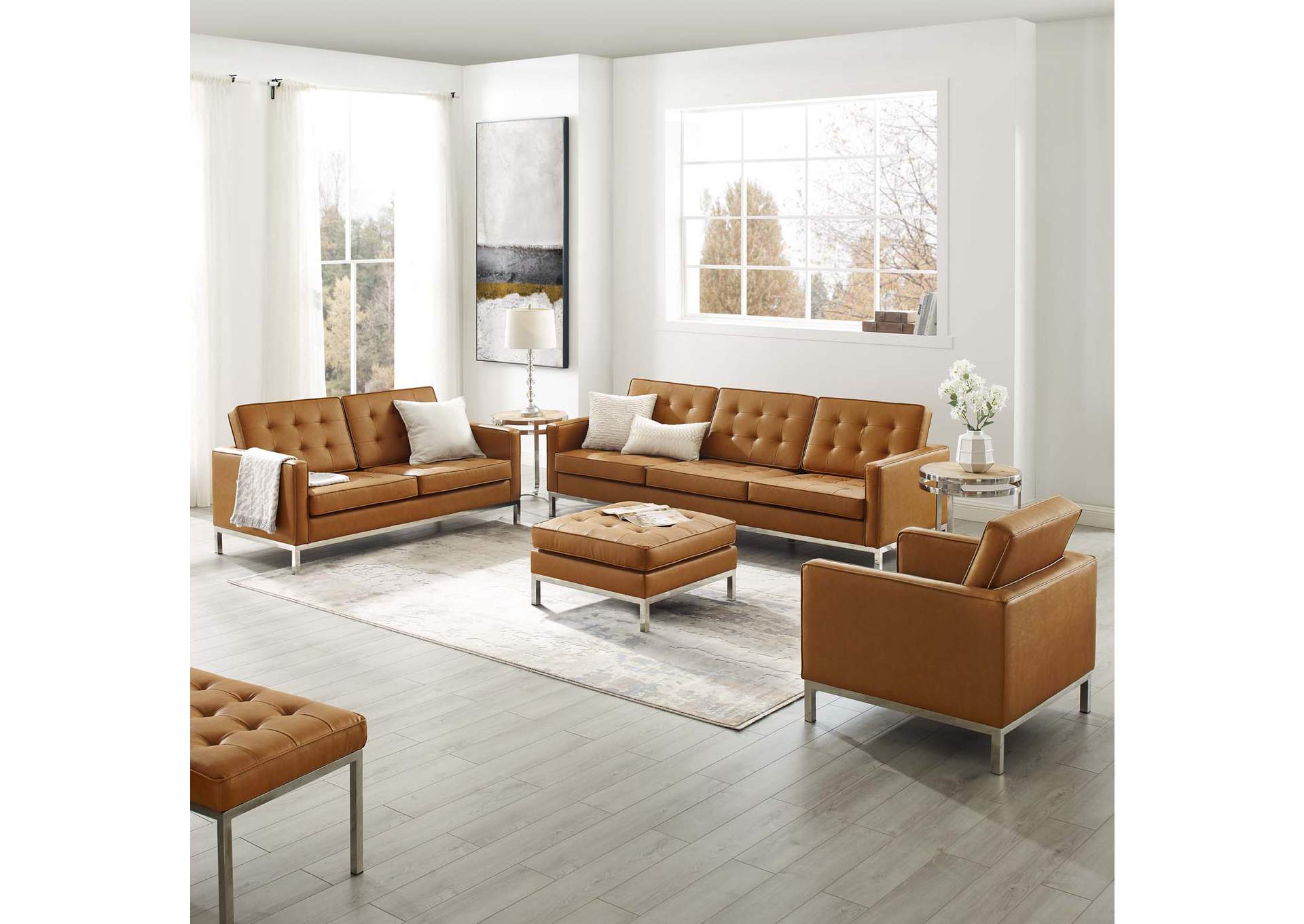 Silver Tan Loft Tufted Upholstered Faux Leather 3 Piece Set,Modway