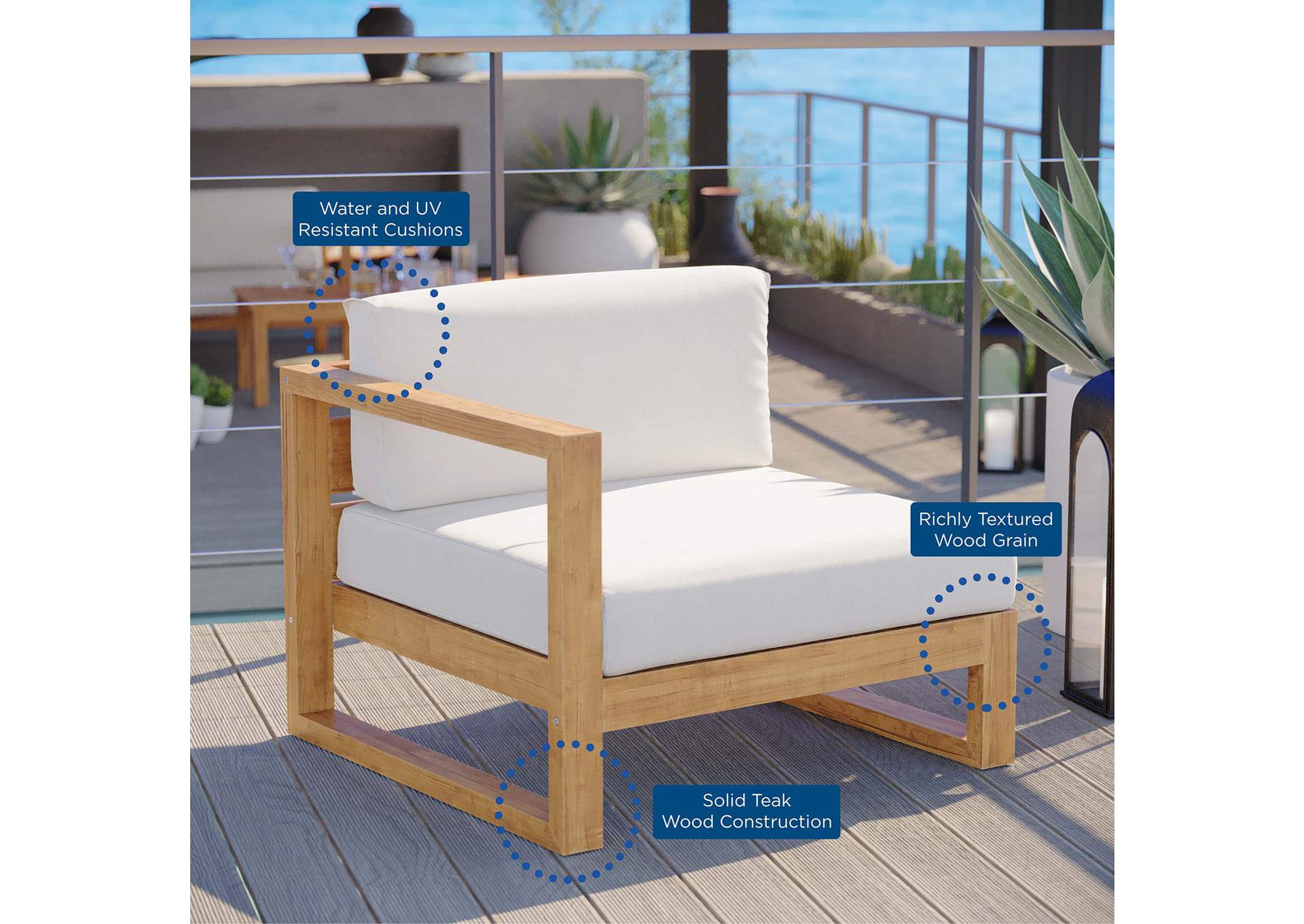 Natural White Upland Outdoor Patio Teak Wood Left-Arm Chair,Modway