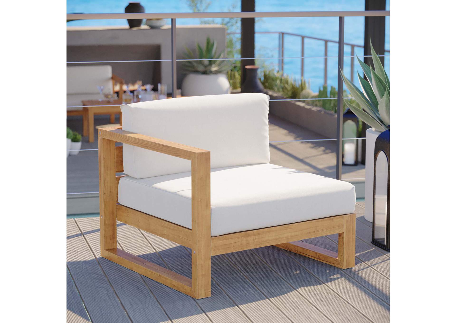 Natural White Upland Outdoor Patio Teak Wood Left-Arm Chair,Modway