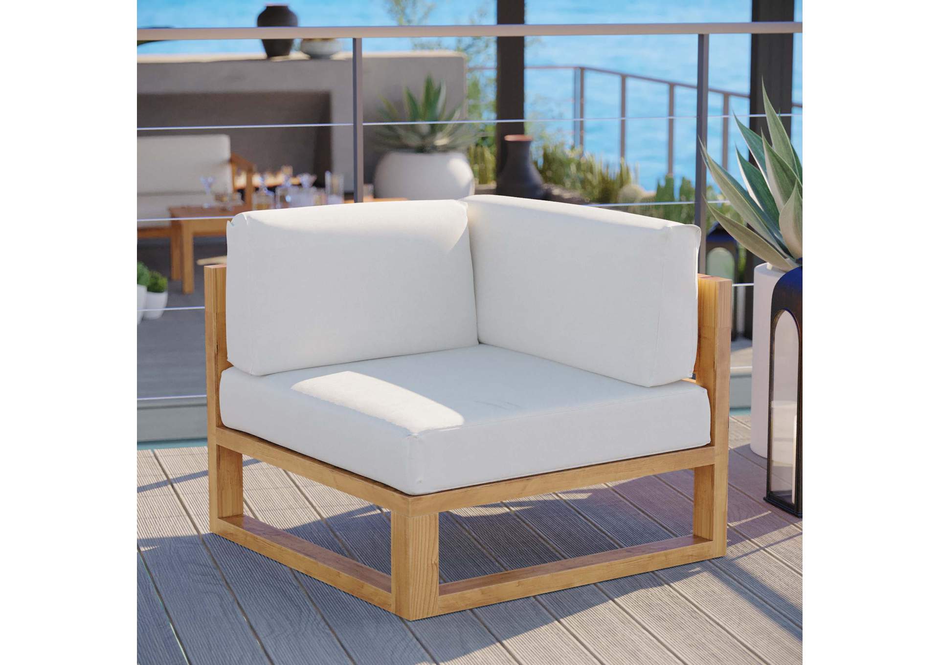 Natural White Upland Outdoor Patio Teak Wood Corner Chair,Modway