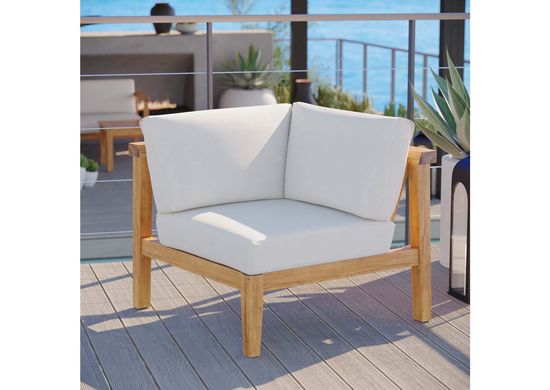 Natural White Bayport Outdoor Patio Teak Wood Corner Chair,Modway