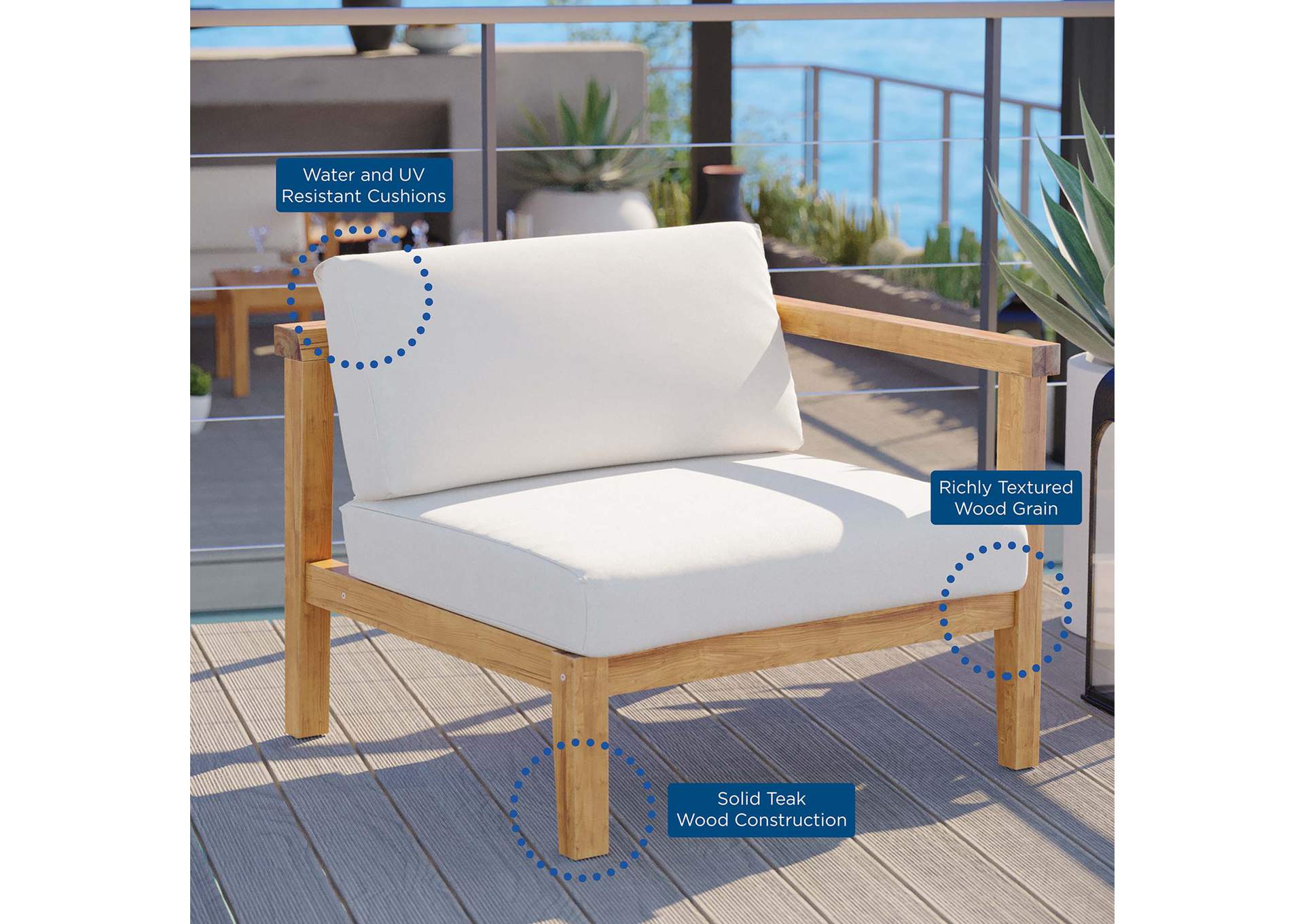 Natural White Bayport Outdoor Patio Teak Wood Right-Arm Chair,Modway
