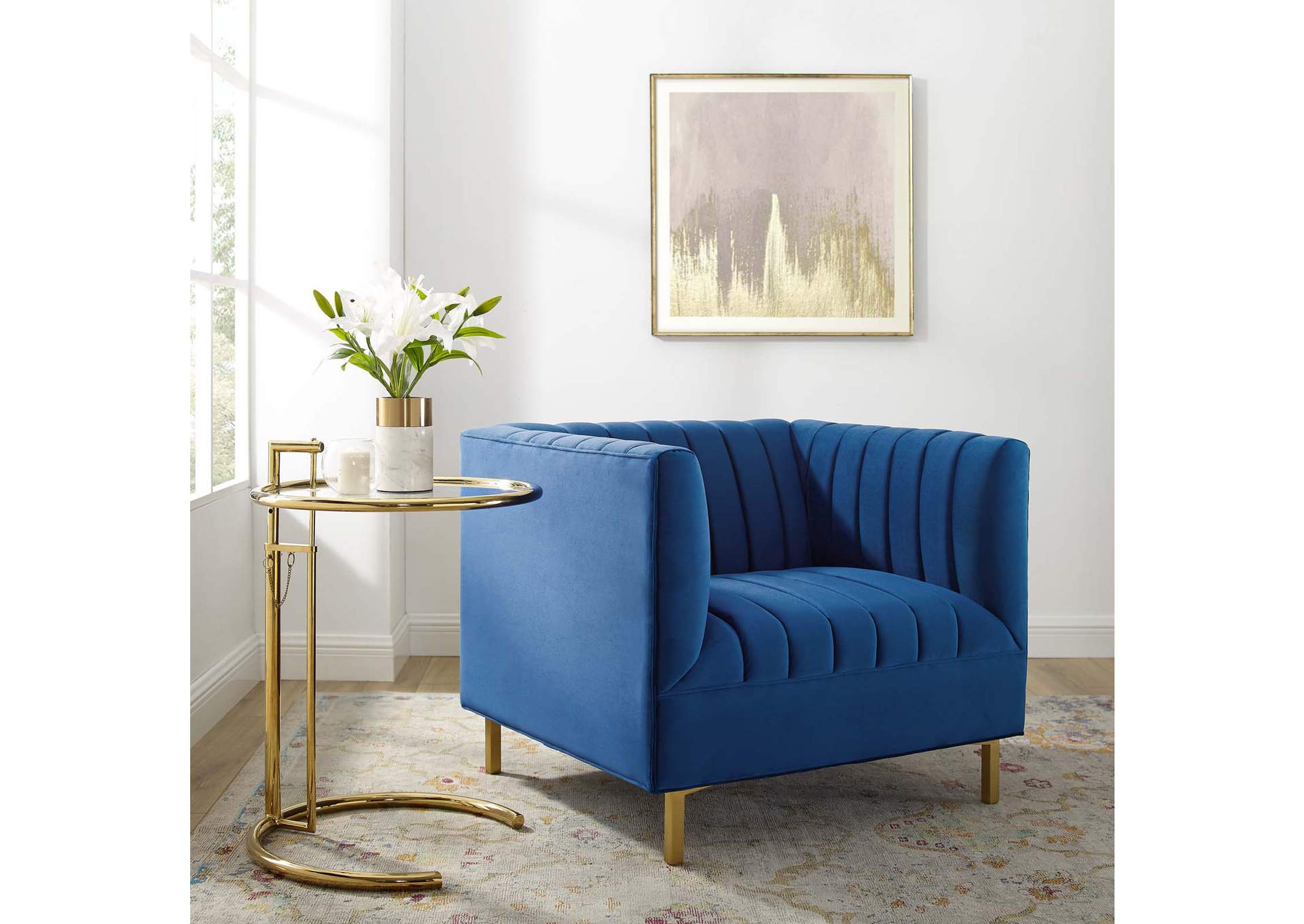 Navy Shift Channel Tufted Performance Velvet Arm Chair,Modway