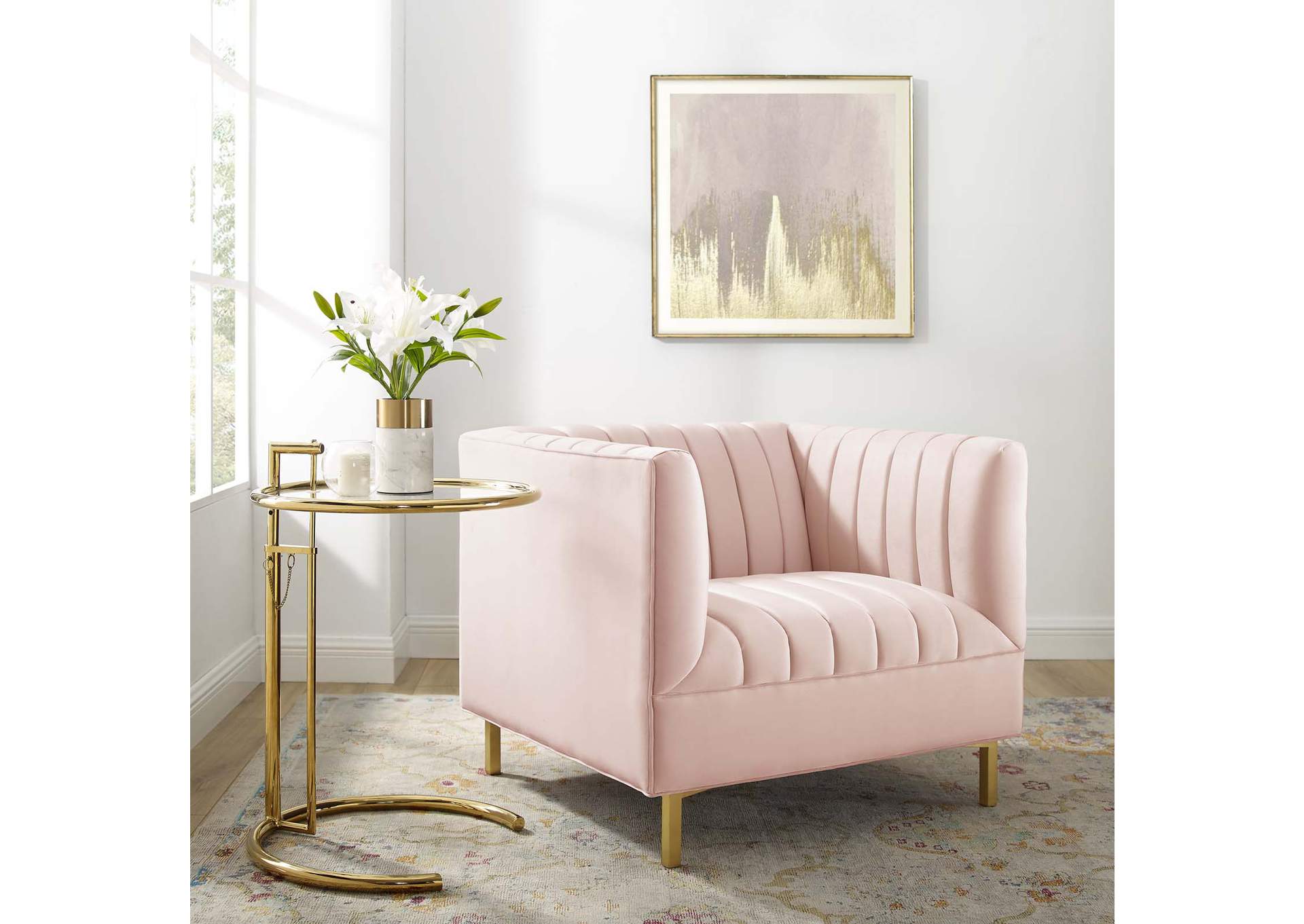 Pink Shift Channel Tufted Performance Velvet Arm Chair,Modway