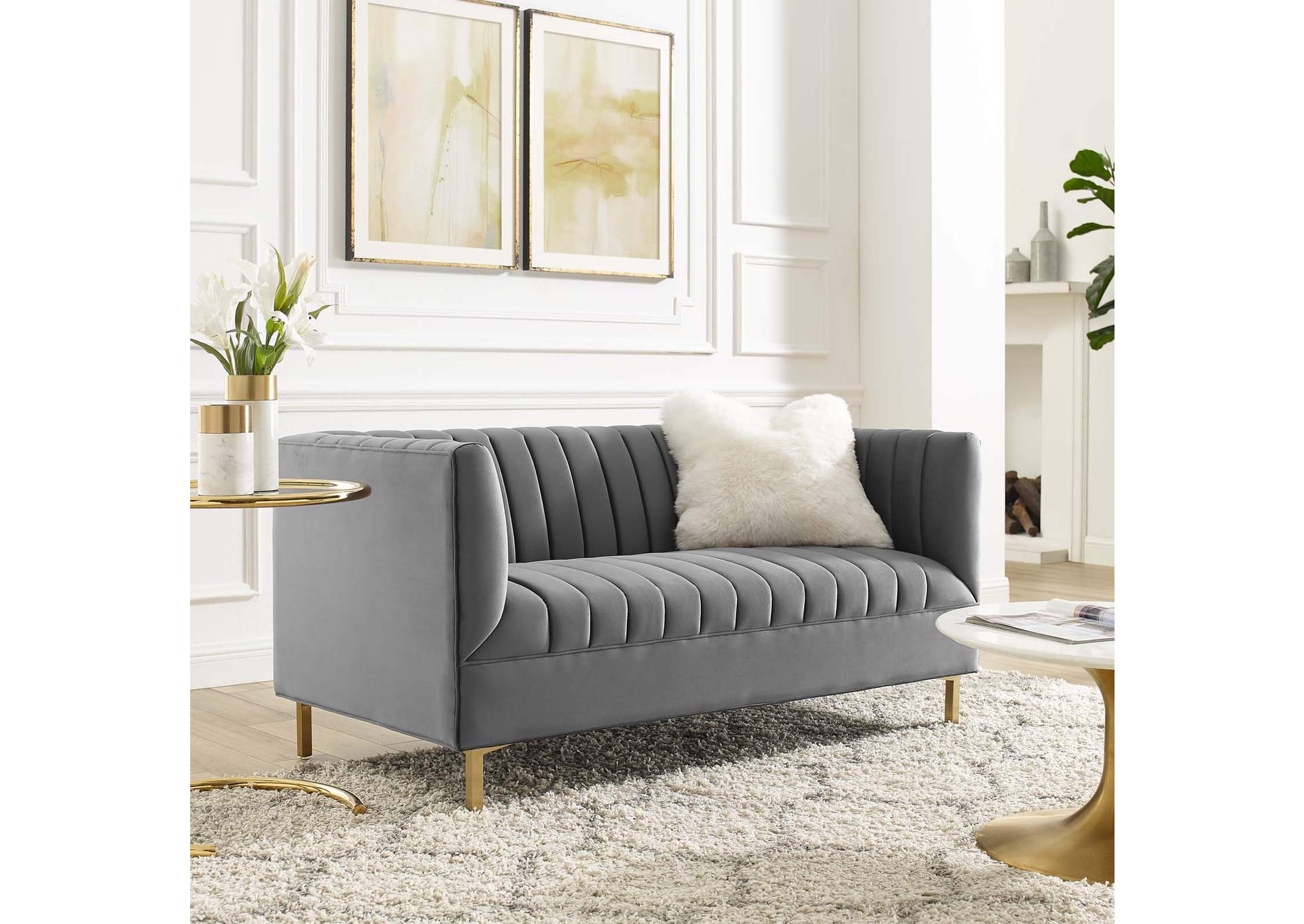 Gray Shift Channel Tufted Performance Velvet Loveseat,Modway