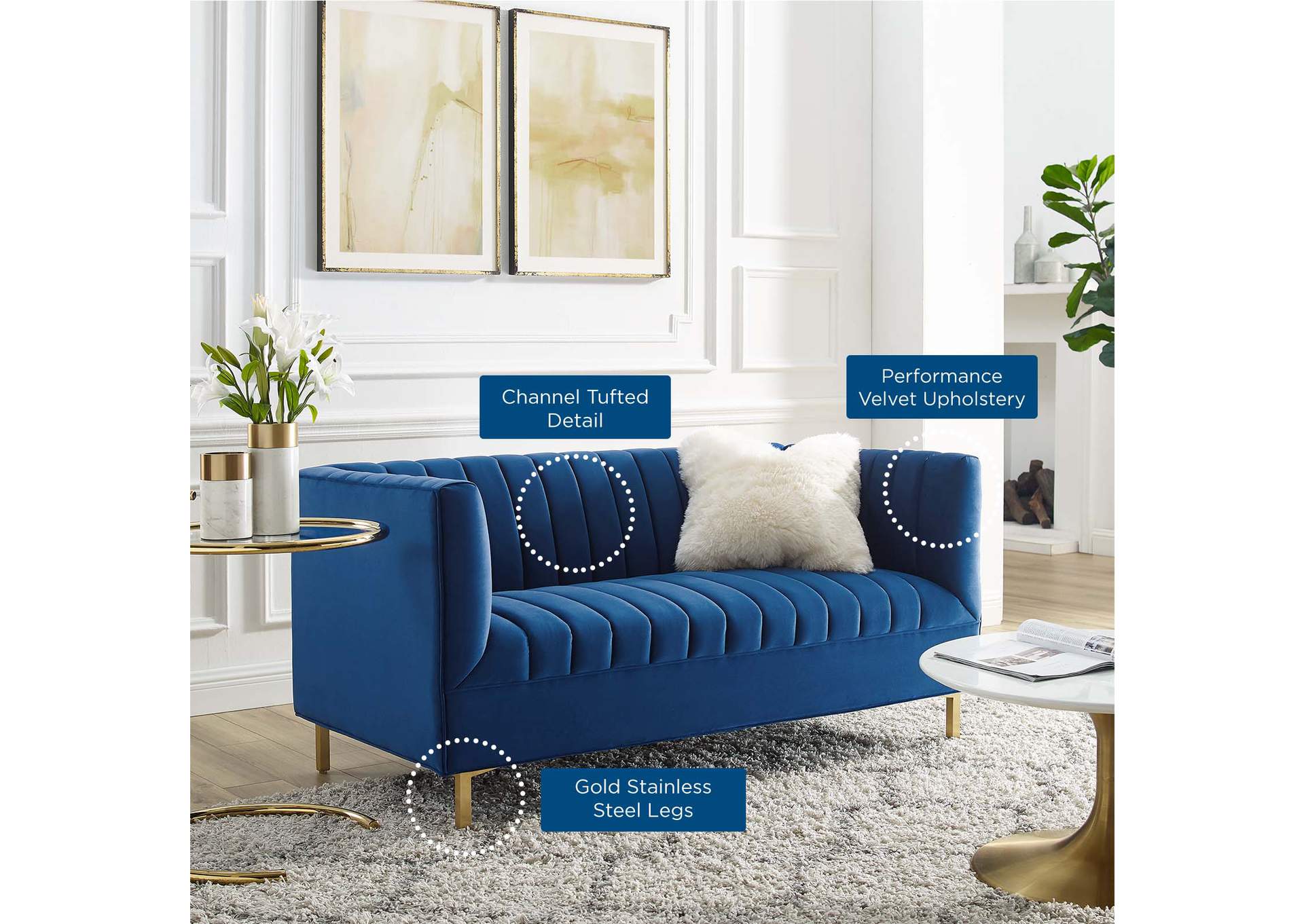 Navy Shift Channel Tufted Performance Velvet Loveseat,Modway