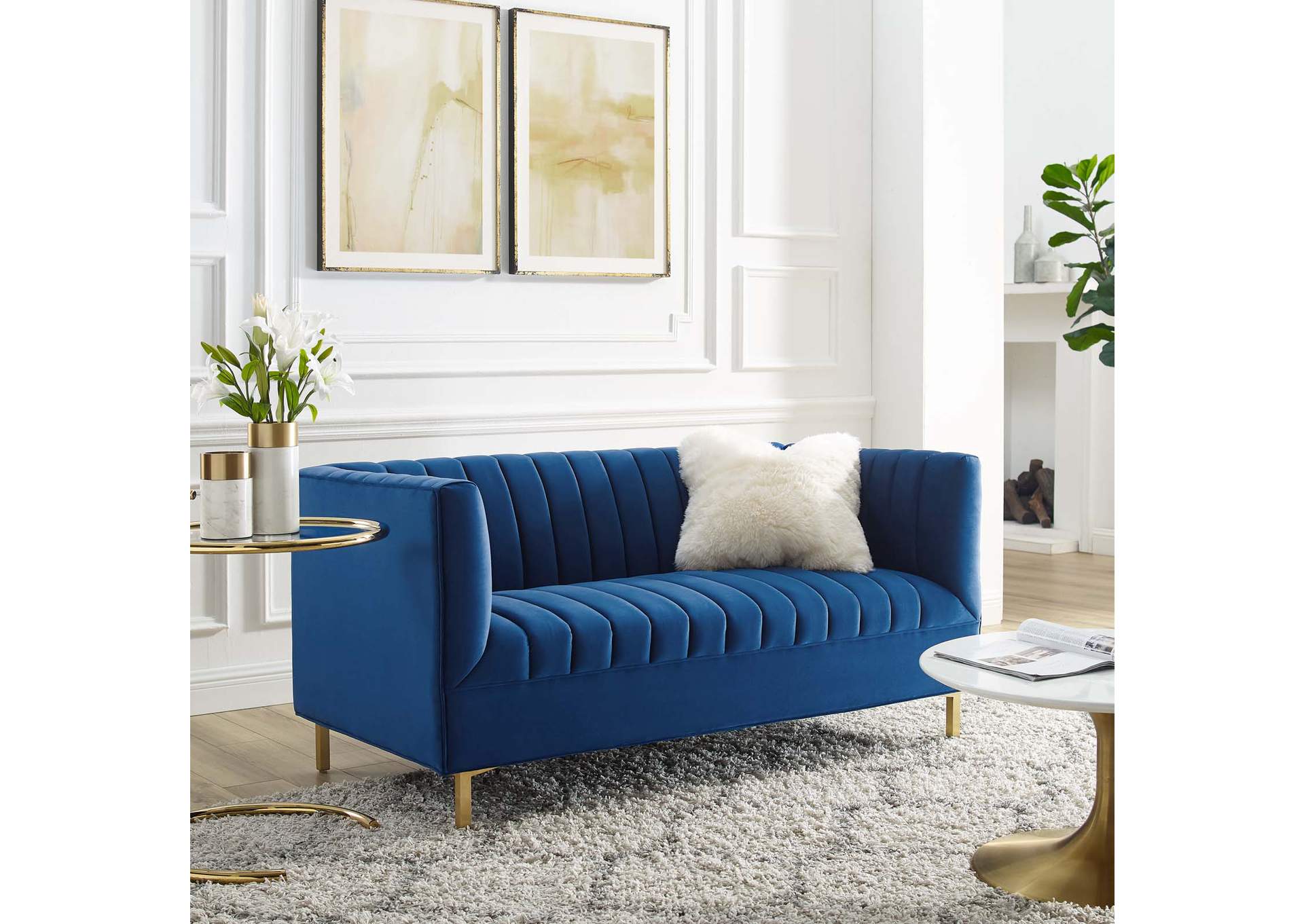 Navy Shift Channel Tufted Performance Velvet Loveseat,Modway