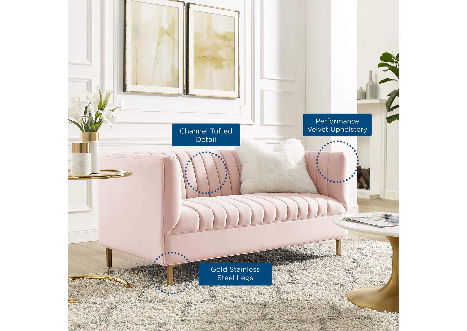 Pink Shift Channel Tufted Performance Velvet Loveseat,Modway