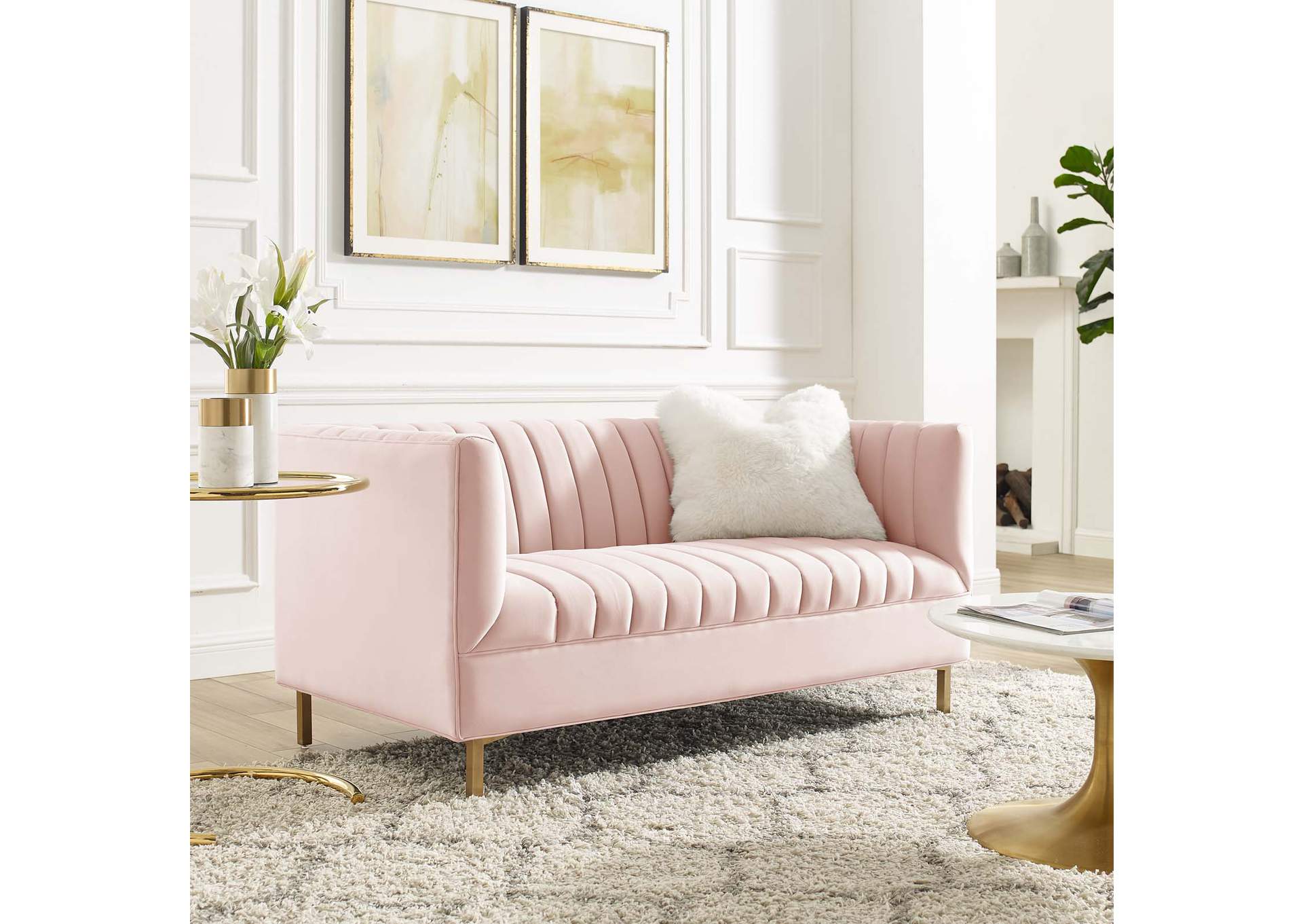Pink Shift Channel Tufted Performance Velvet Loveseat,Modway